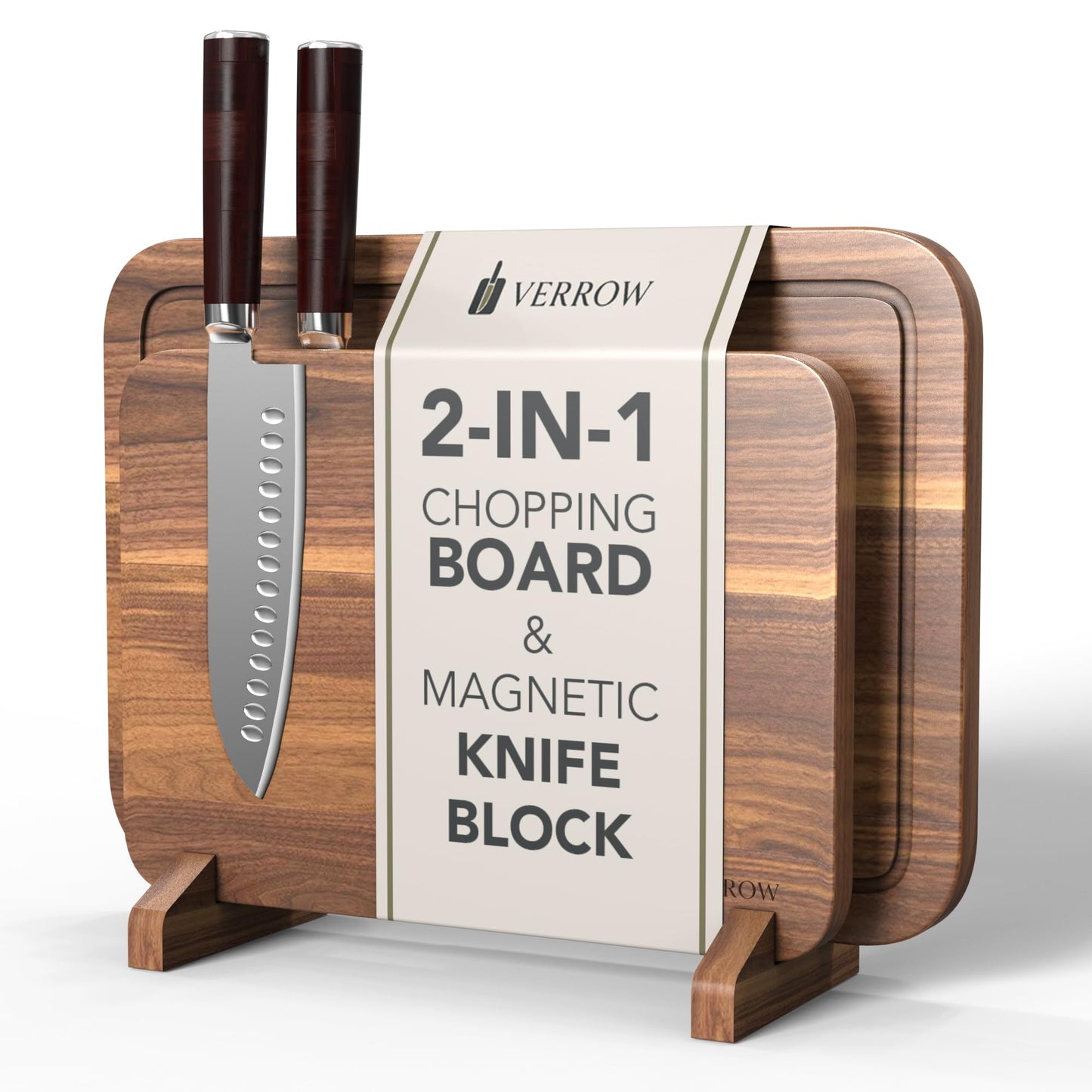 Magnetic Knife Block with Acacia Wood Cutting Board - Extra Large 15.5x10.5x0.75In Magnetic Knife Block Set with Chopping Board Knife Holder Charcuterie Display Storage Organizer for Kitchen Counter