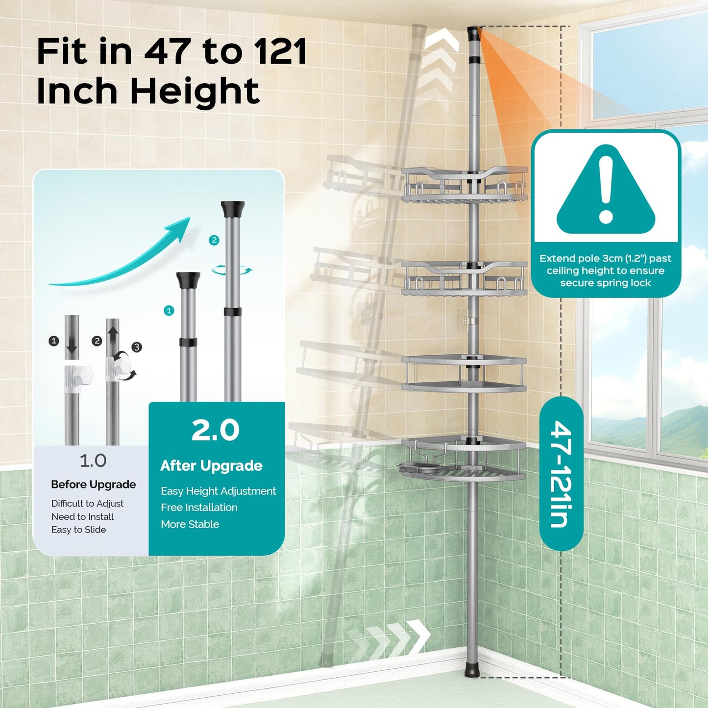 HAMITOR Corner Shower Caddy Tension Pole: Rustproof 4-Tier Bathroom Organizer Shelves for Bathtub Shampoo Storage - 47-121 Inch Quick Install Adjustable Rod Standing Rack with Soap Rack - Silver Gray