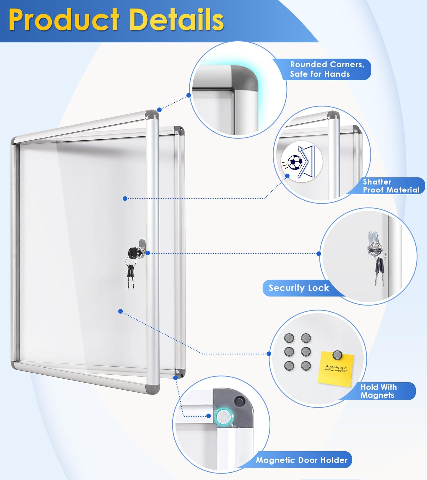 SWANCROWN Enclosed Bulletin Board 20x14 in Lockable Magnetic White Board Wall Display Case, Aluminium Frame, 2xA4