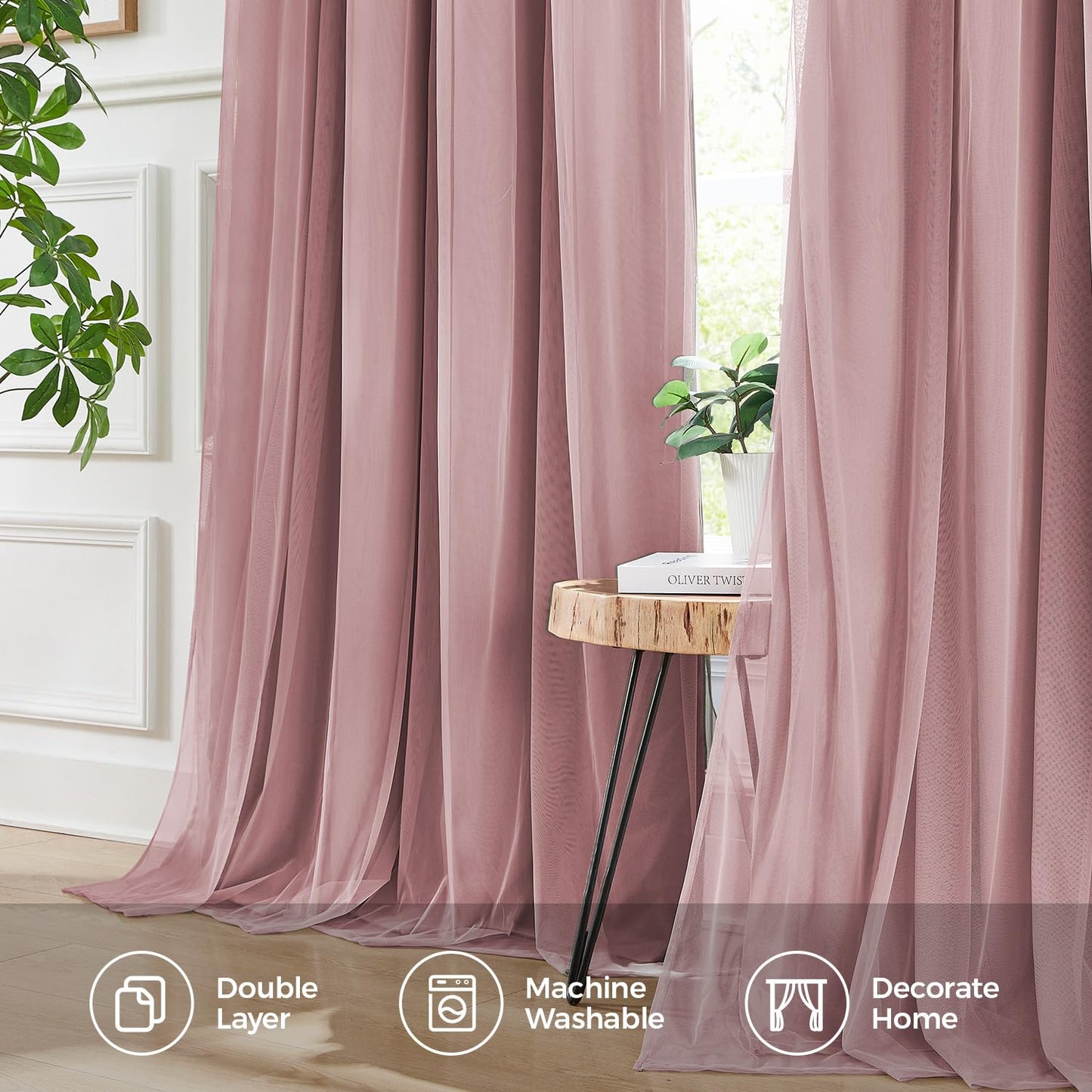 Swandream 100% Blackout Curtains for Bedroom, Double Layer Pink Curtains, Black Out Curtain 84 inch Long with Sheer Overlay for Living Room, Room Darkening Window Drapes with Grommet, 52" W x 84" L