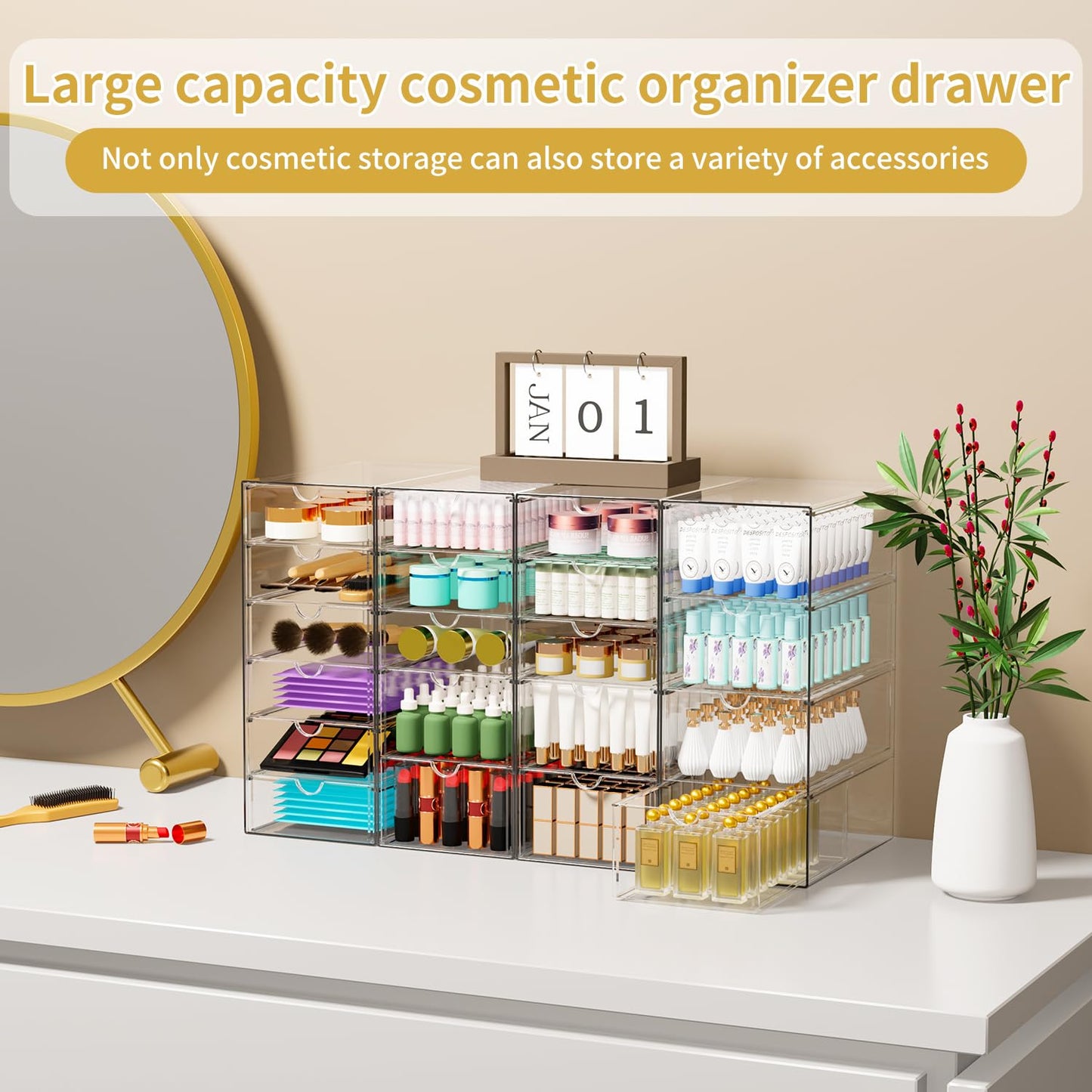 Acrylic Makeup Organizer with 20 Drawers, 4 Set Clear Storage Drawers, Acrylic Drawer Organizer and Storage for Desktop Office Supplies Make Up Pen Hair Accessories