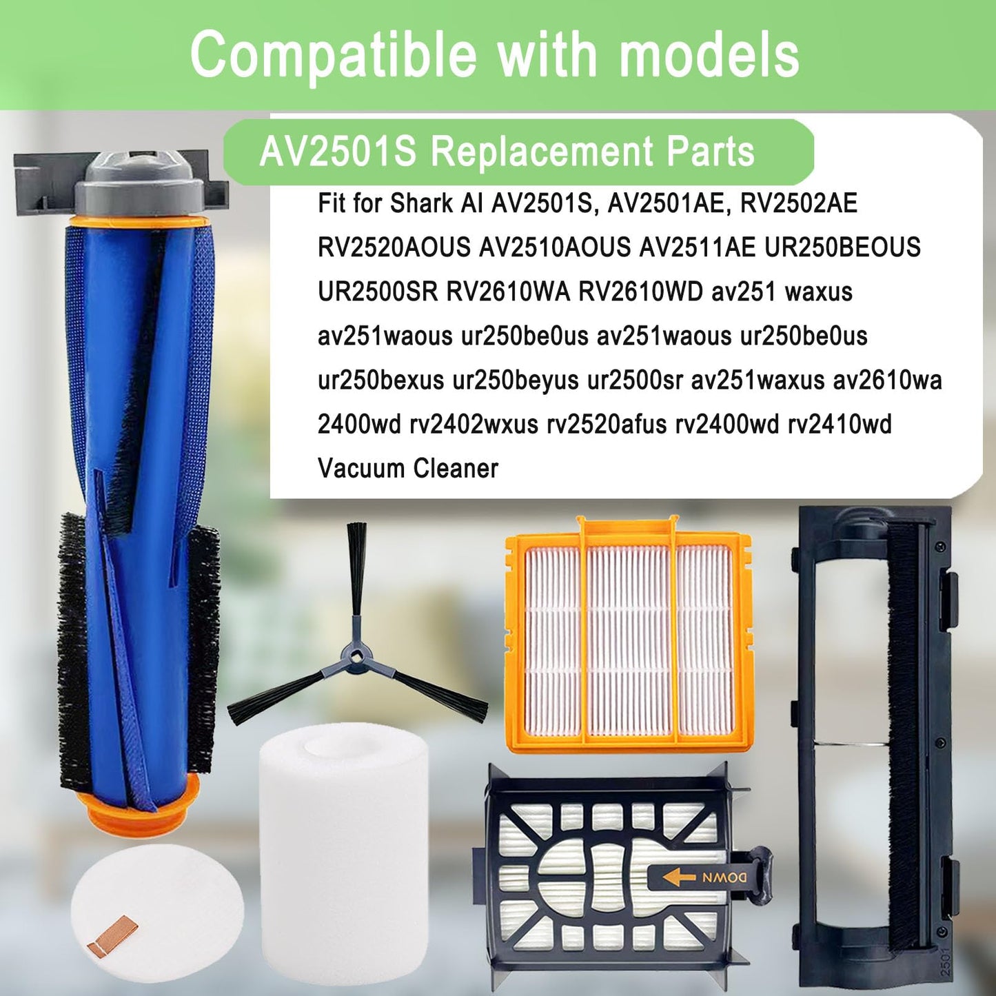 Replacement Parts for Shark AI AV2501S AV2511AE AV2610WA AV2501AE RV2502AE RV2400WD AI Ultra 2- in-1 Robot Vacuum, Main Brush, Filter, Side Brush, Roller Cover, Pre-Motor Foam & Felt Filter