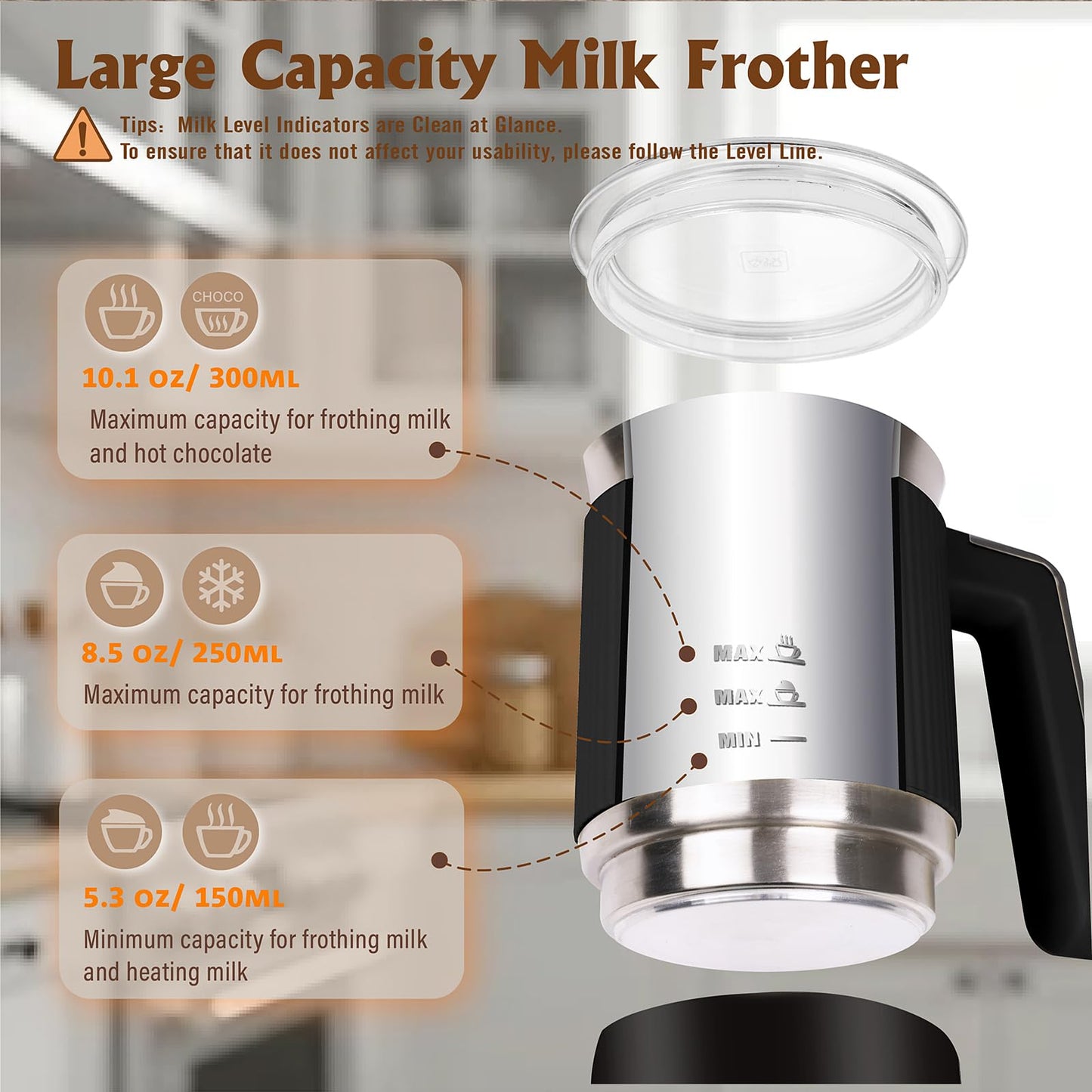NESSGRAIM 5-in-1 Electric Milk Frother, Automatic Milk Frother & Steamer for Hot & Cold Foam, Large Capacity Milk Warmer for Latte Cappuccino, Hot Chocolate Maker, Dishwasher Safe (Black)
