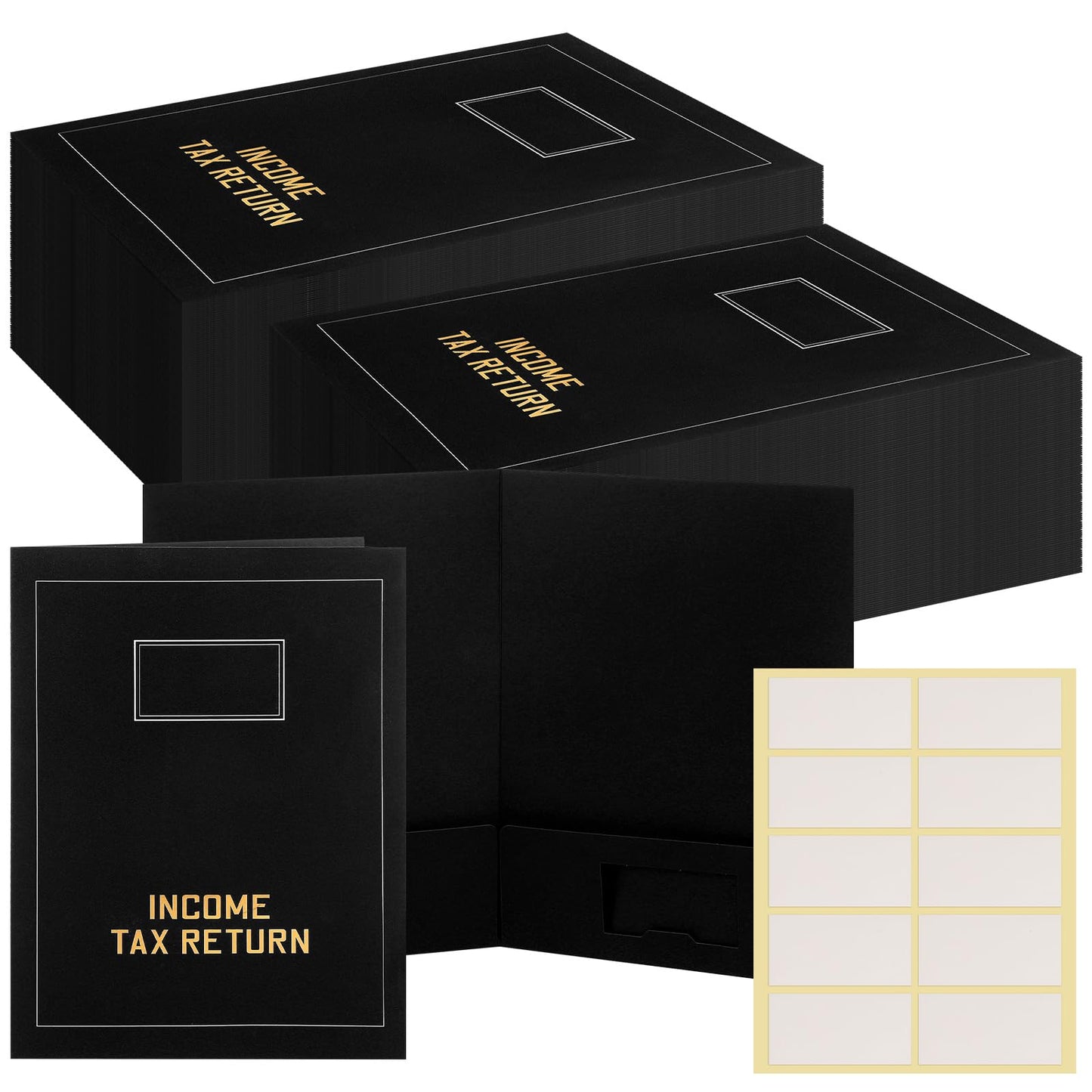 Kisston 50 Pcs Tax Return Folders Bulk 2 Pocket Gold Foil Stamped Income Tax Folders with Labels Business File Office Blank Organizer (Black)