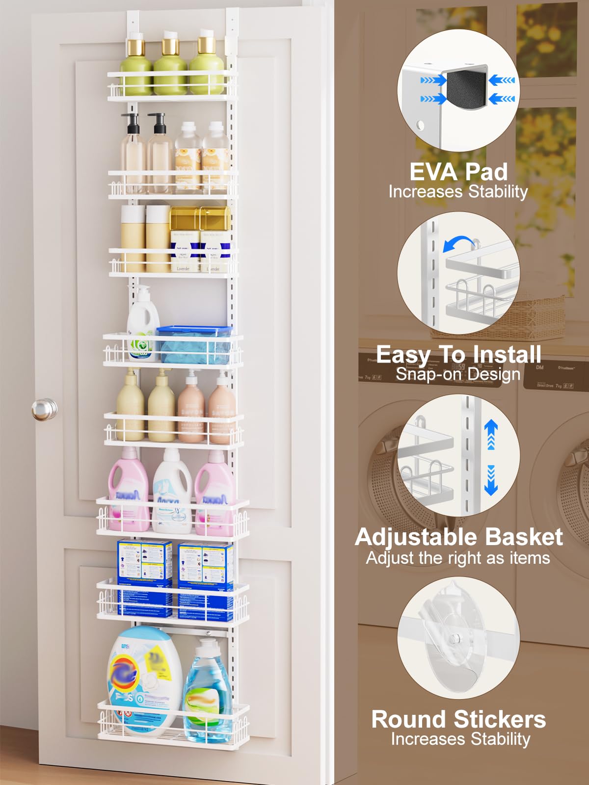 Delamu 9-Tier Over the Door Pantry Organizer, Adjustable Pantry Door Organizers and Storage, Metal Hanging Basket Wall Spice Rack Seasoning Organizer, Door Organizer Kitchen Bedroom Bathroom,12"White