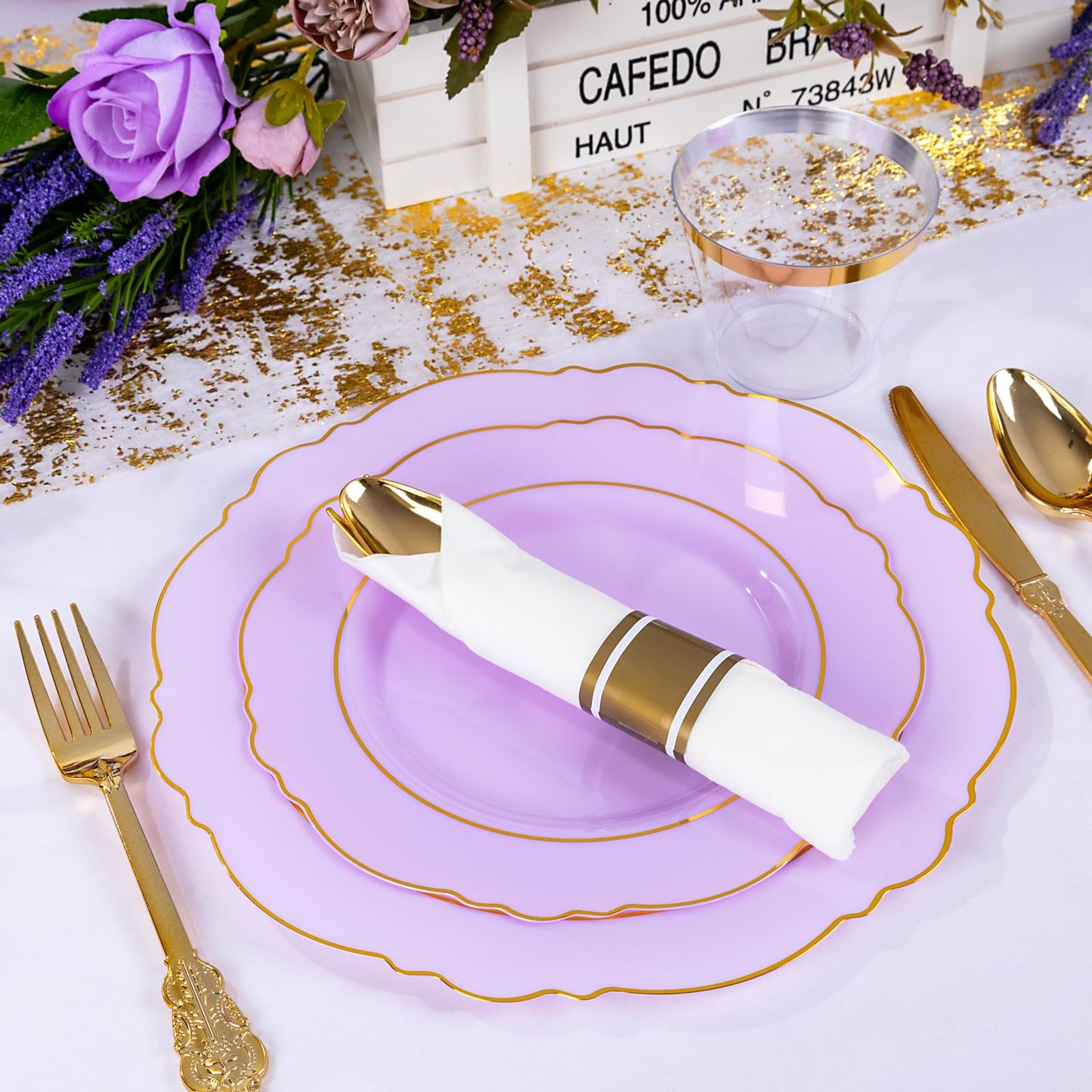 Liacere 175PCS Purple Plastic Plates-Disposable Lavender Plates 25guest Baroque Plastic Dinnerware include 50Plates, 25Pack Pre Rolled Napkins with Silverware 25Cups for Party & Wedding &Mothers Day