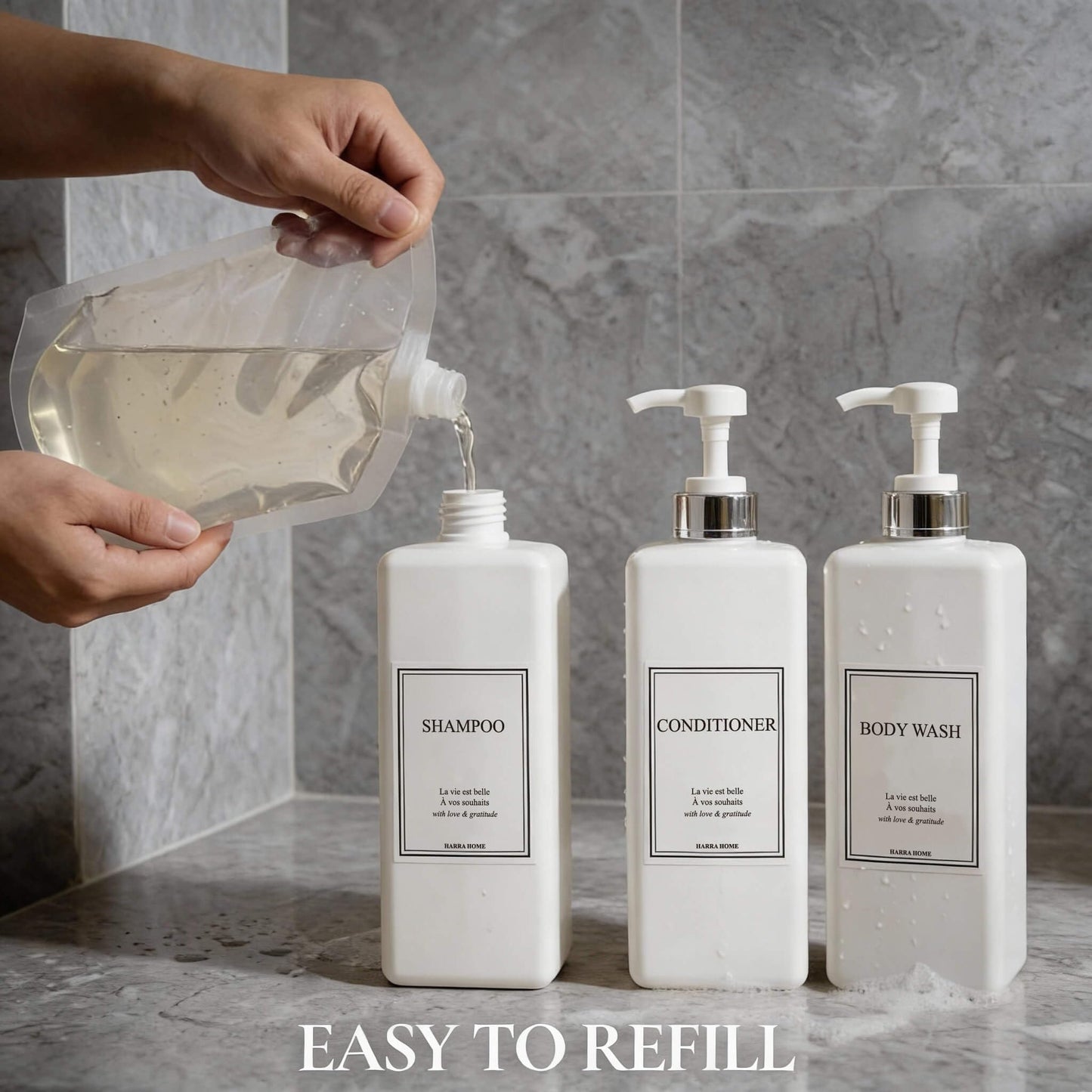 Shampoo and Conditioner Dispenser - Modern Design Large 27oz Shower Soap Dispenser Set of 3, Refillable Empty Plastic Pump Bottles for Bathroom, 6 Waterproof Labels Included, White & Silver