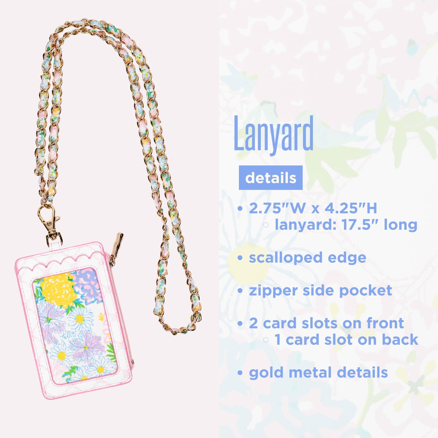 Lilly Pulitzer ID Case with Lanyard, Keychain Wallet with Zip Close, Cute Durable Card/Badge Holder with Long Lanyard for Women (Lilly Garden Home)