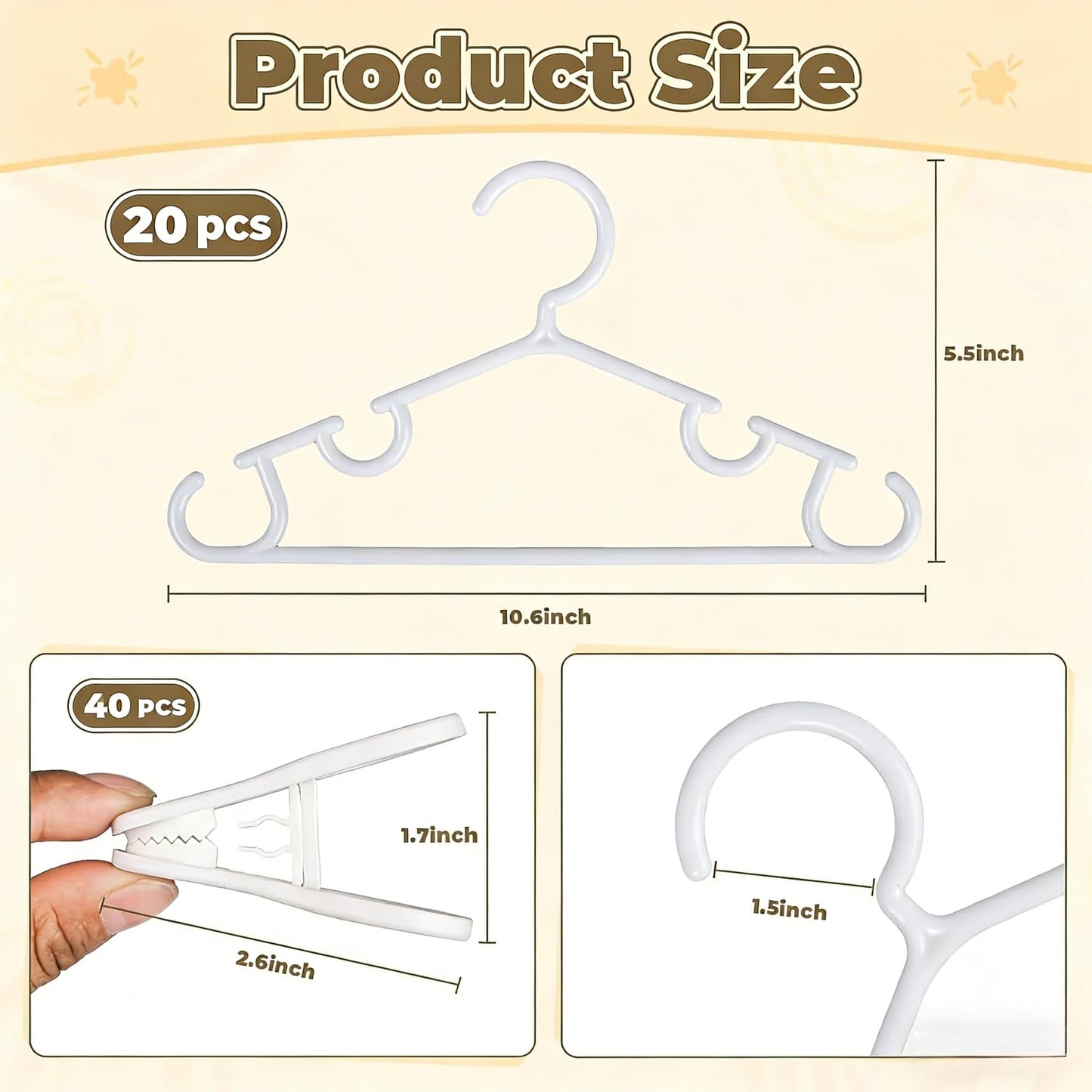 Nursery Baby Hangers with Clips, 20 Newborn Kids Plastic Clothes Hangers for Toddler Pants – with 40 Clips for Children's Clothes Packs(White,60 Packs) (60, White)