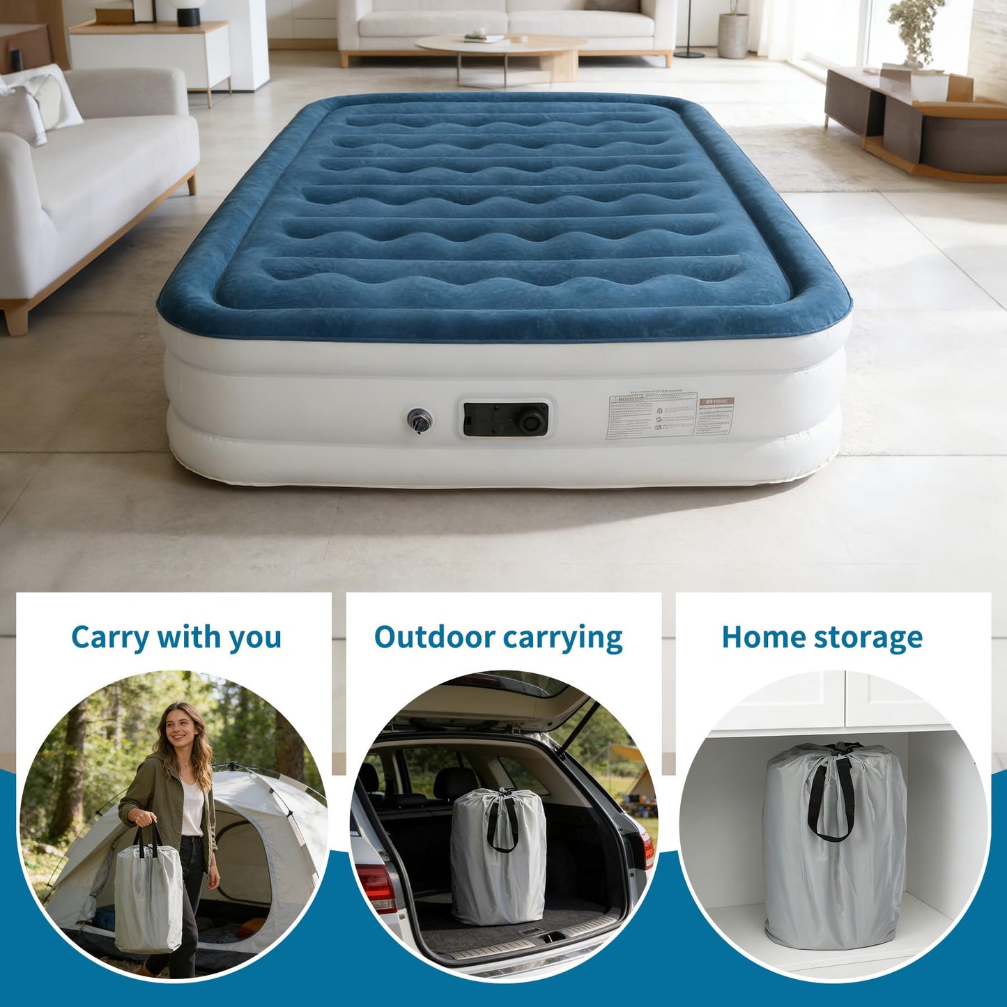 ooiloln air Mattress Queen with Built in Pump 16 Inch Portable Inflatable Mattress Deluxe Flocking Inflatable Mattress for Temporary Guest Accommodation, Camping, and Home use MAX is 660 pounds