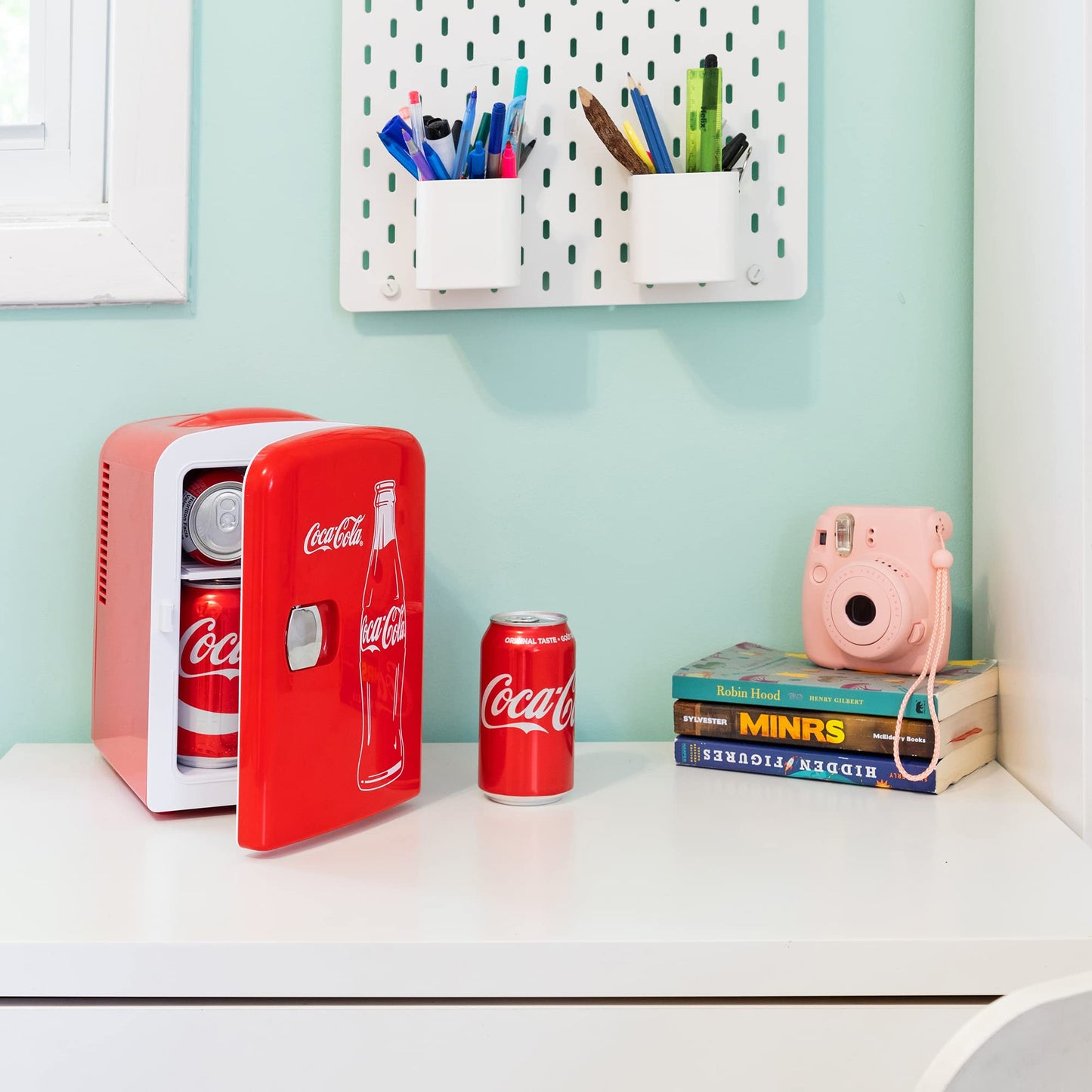 Coca Cola Mini Fridge for Bedroom Cosmatic Office 4L Small Refrigerator 6 Can Mini Dorm Fridge Portable Cooler 12V DC 110V AC Personal Travel Snacks Drinks Red