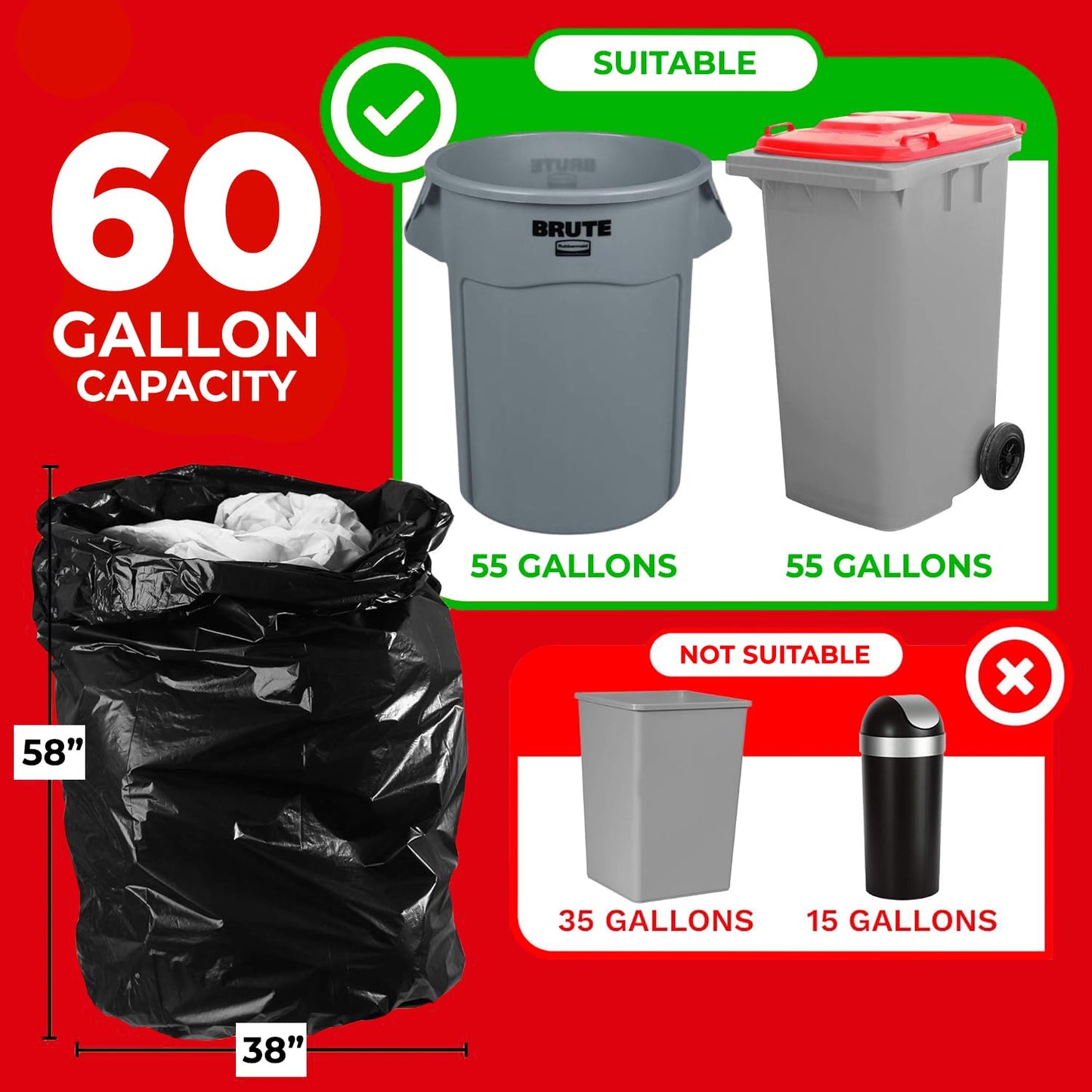 ToughBag 55 Gallon Trash Bags, 2.5 Mil Contractor Bags - 50 Count, Large 55-60 Gallon Trash Can Liners, Black Contractor Garbage Bags, 38 x 58" - Made in USA