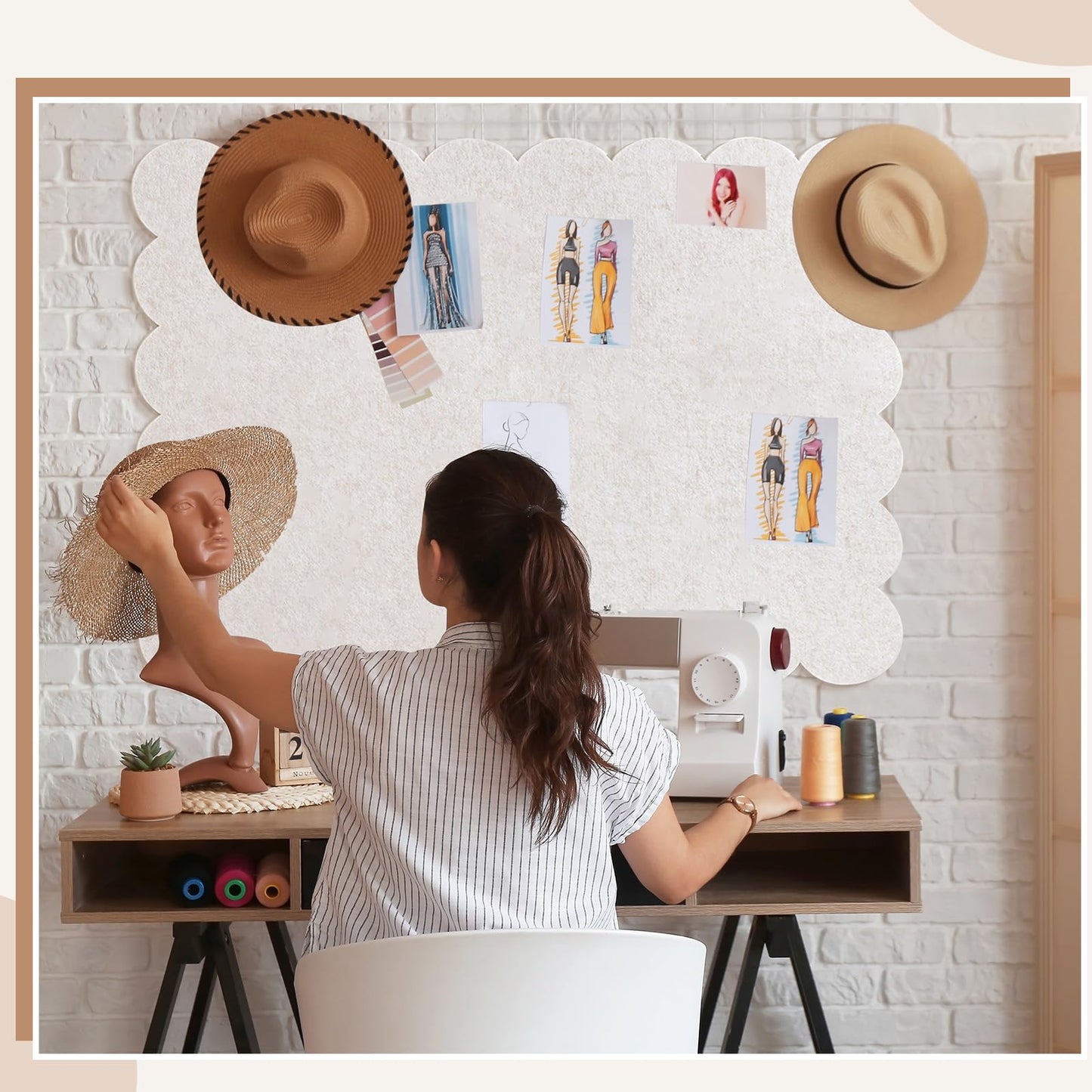 Mooliwe Scalloped Felt Bulletin Board 48 x 36 Inches Foldable Beige Pin Cork Board Alternative for Wall, 4' x 3' Trifold Picture Vision Self Adhesive Bulletin Decorative