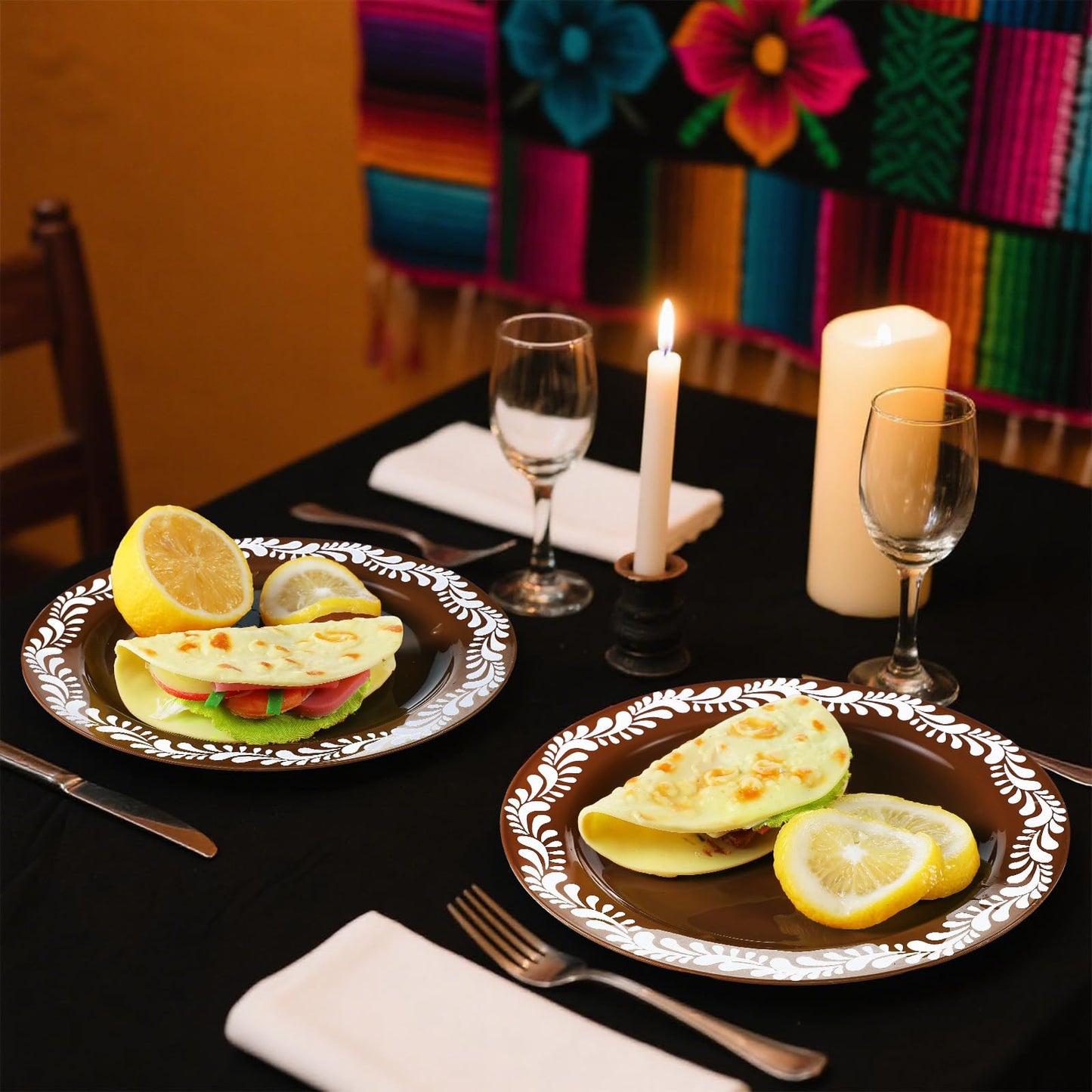 Yungyan 50 Pcs Mexican Plastic Plates Mexican Party Decoration Dinnerware Plastic Plates Cielito Lindo Birthday Baby Shower Party Decor(10.25inch,Brown,50)