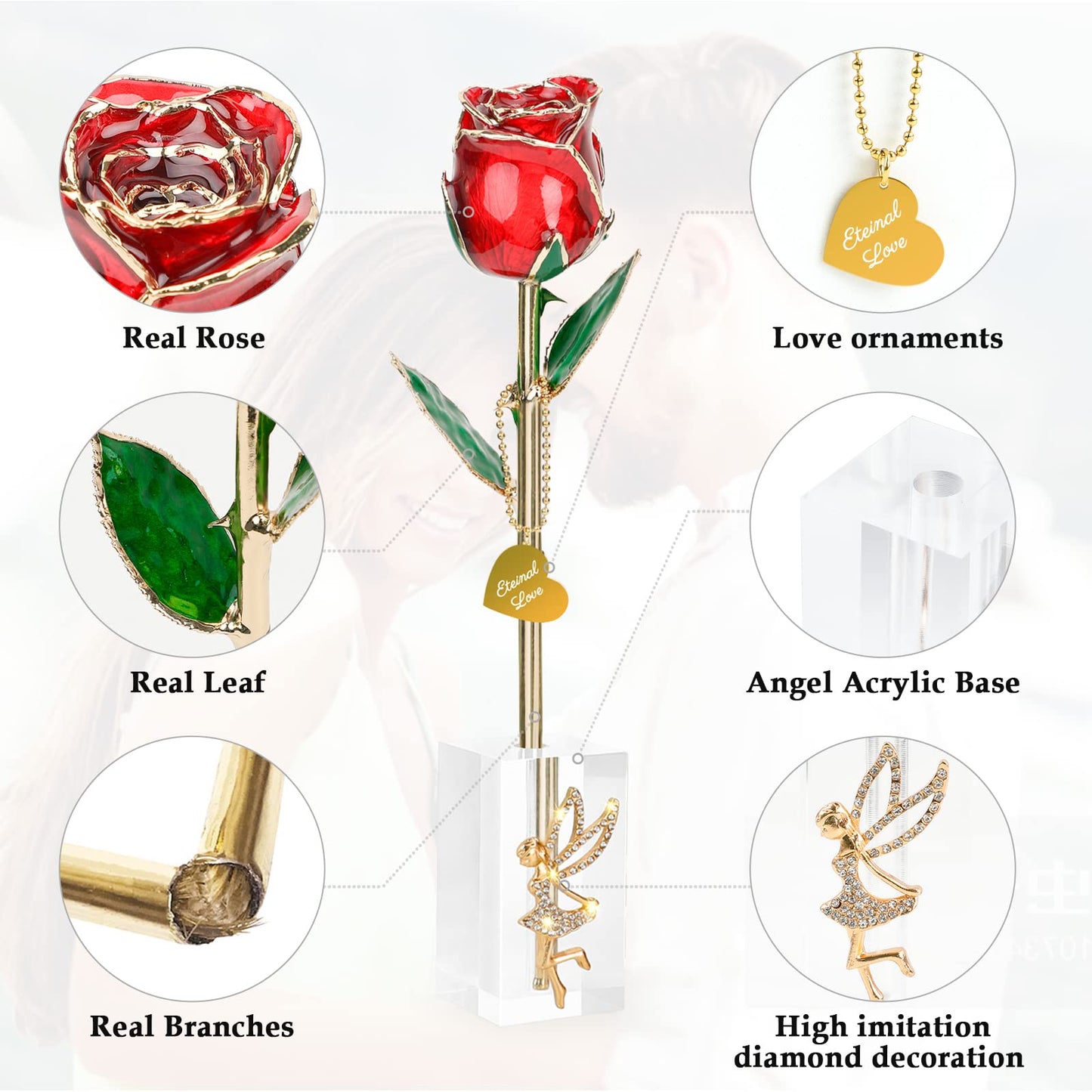 ihoomee Mothers Day Gifts Real Rose Dipped 24K Gold,Best Mothers Day Gifts for Mom Women,Forever 24k Rose with Crystal Stand-Red