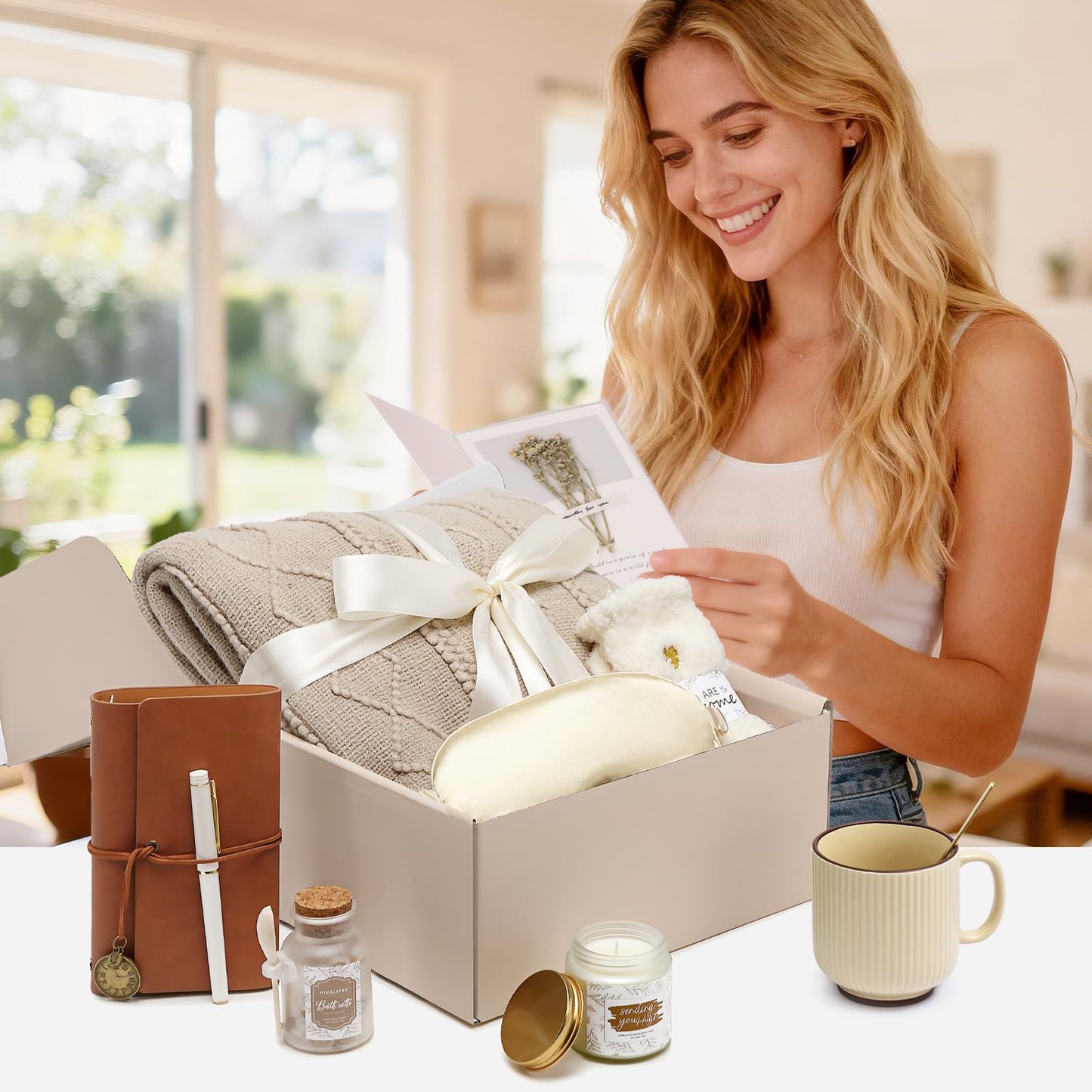 CuriBox Mothers Day Get Well Gifts for Women Self Care Gift Basket - Birthday Gifts for Women Spa Care Package - Sympathy Inspirational Easter Day Gift Set for Her Mom Sister Friend Wife (Khaki)