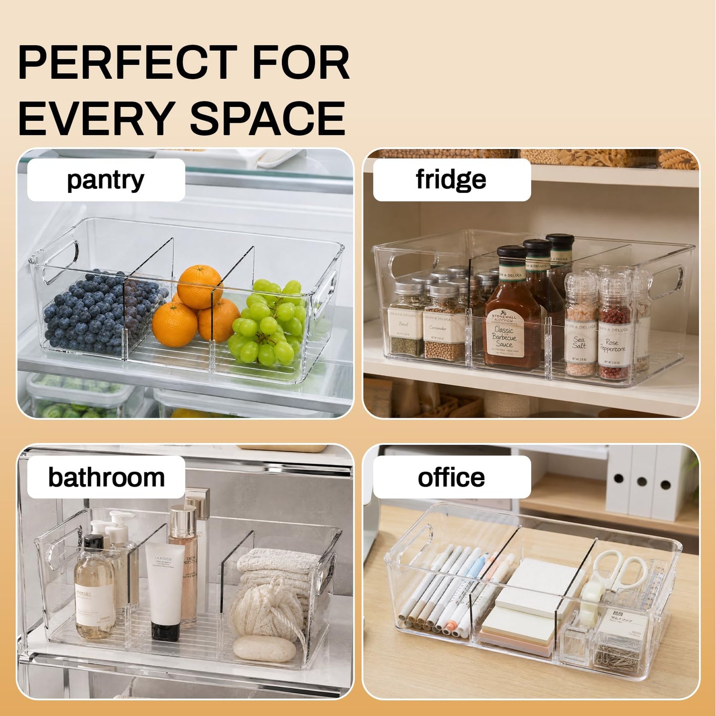 Mpotmiy 10 Pack Pantry Organizers and Storage,Clear Plastic Containers with 2 Dividers for Kitchen,Fridge Organization and Storage,Acrylic Bins for Pounches,Spice Packet,Snack organzier