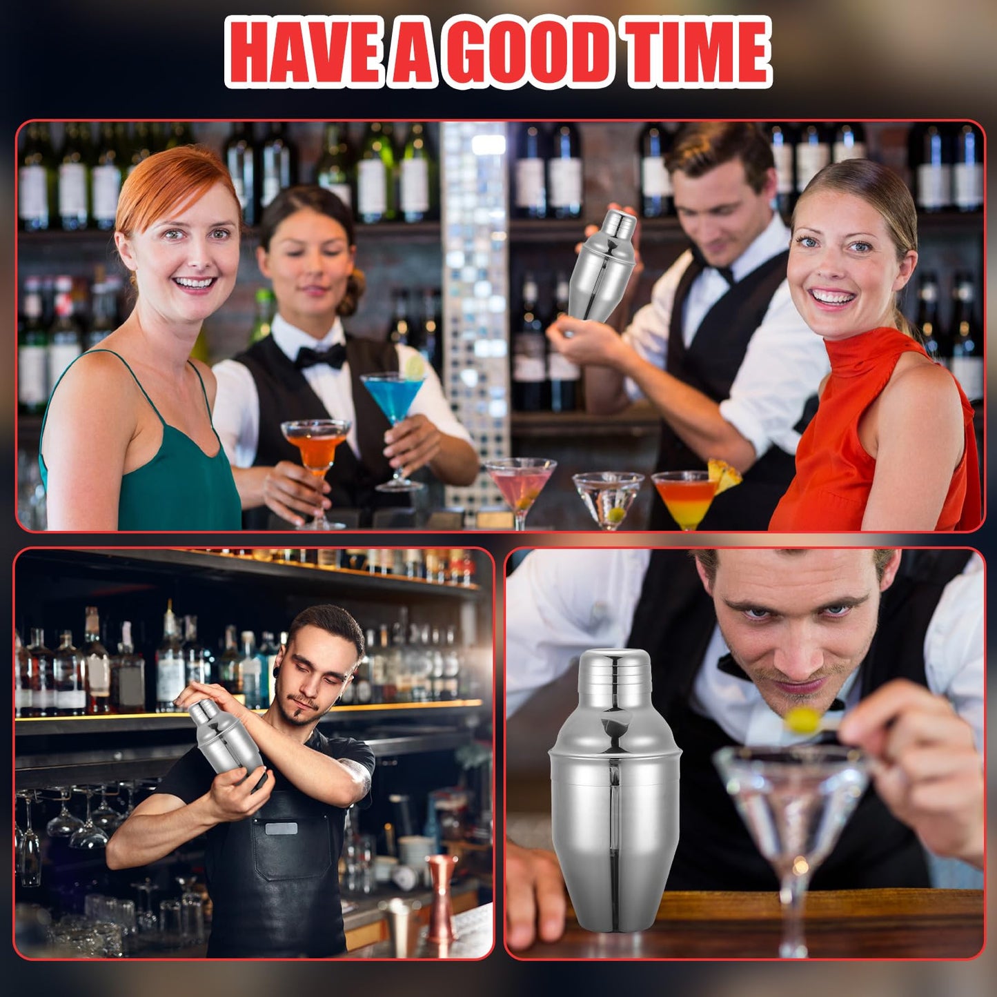 Nitial 9 Pcs Bar Cocktail Shaker Professional Stainless Steel Martini Drink Mixer Built-in Strainer for Bartending No Leaks Boston Shaker for Bar Party Drink Tool(Silver,8 oz)