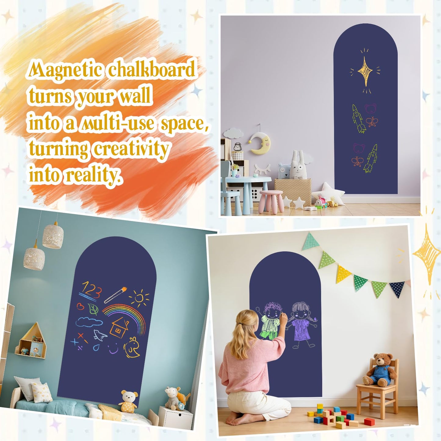 TJJINI Arch Magnetic Wall Decal 47.24" x 17.52", Magnetic Chalk Board Sticker, Magnet Chalkboard for Wall, Magnet Wallpaper Peel and Stick for Playroom Classroom with Chalks, Wiping Cloth (Navy Blue)