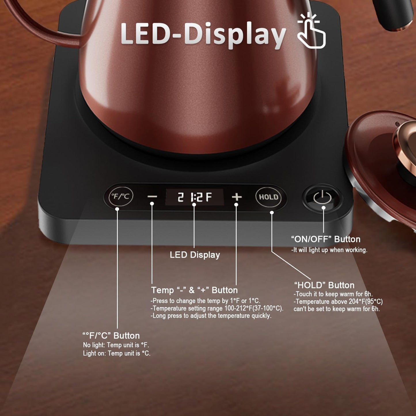 Gooseneck Electric Kettle with Temperature Control, 1.0L Pour Over Coffee Kettle, 1000W Fast Boil Tea Heater, Keep Warm Function, LED Display, 304 Stainless Steel, Vintage Copper, BPA-Free