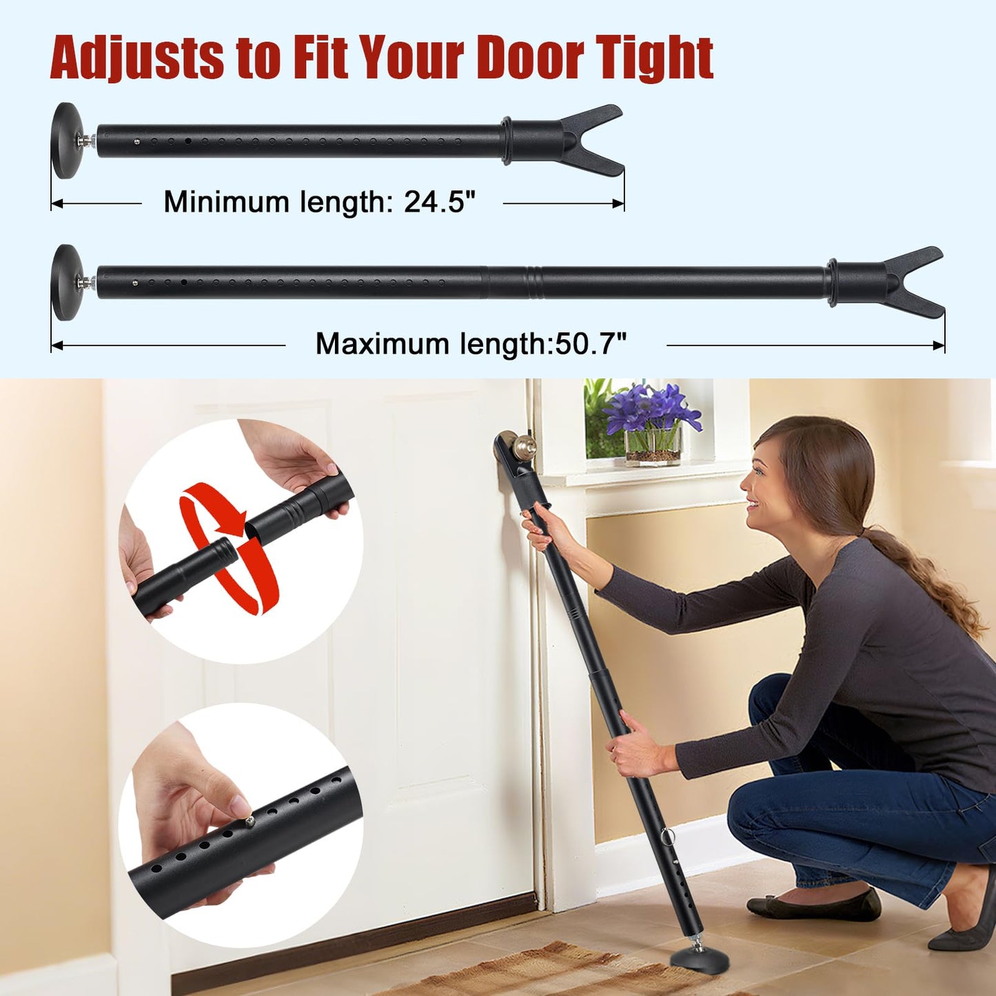 2 Pack Door Security Bar – Anti-Slip 600LB Heavy Duty Door Stopper Jammer Stick, Adjustable 24.5-50.7'',Portable Travel Safety Lock Blocker for Home, Apartment, Hotel, Front & Sliding Doors