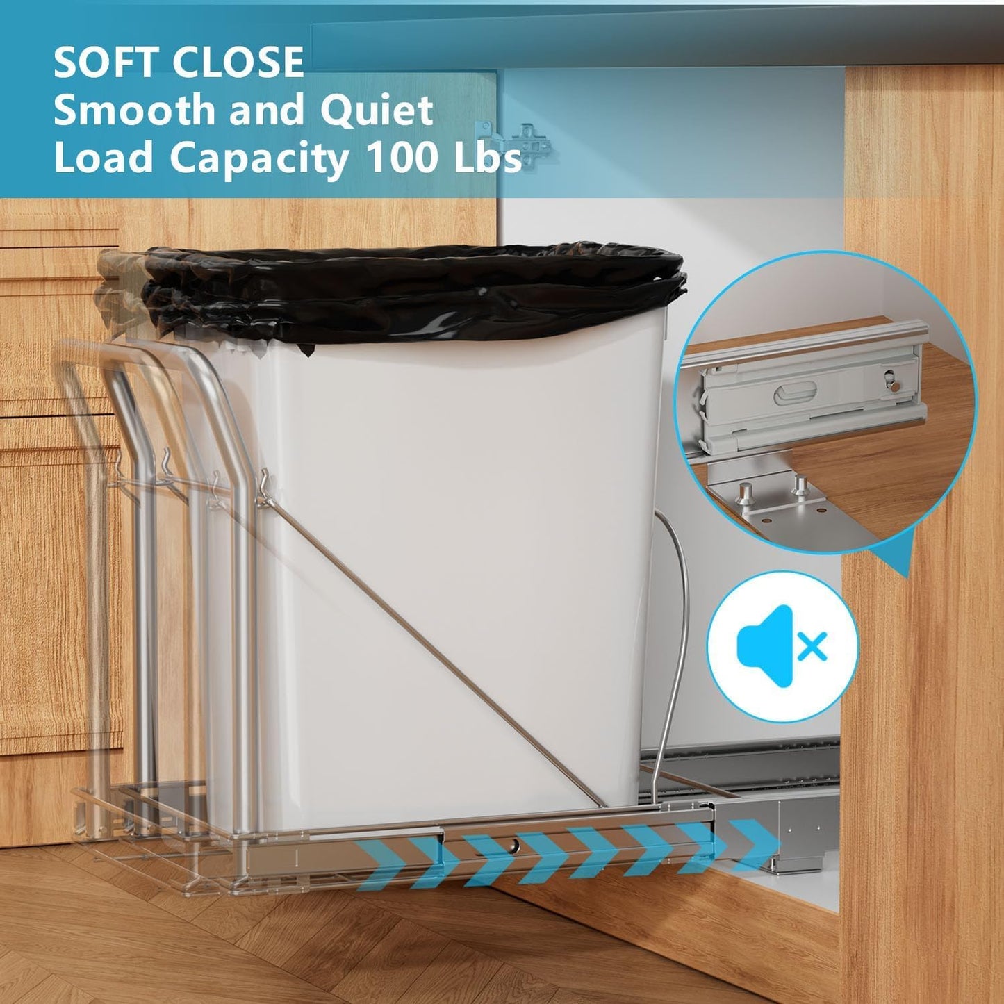 Pull Out Trash Can Under Cabinet with Soft-Close Slides，Heavy Duty Slide Out Under Sink Garbage Can for Kitchen，Adjustable Tail Groove for Can，Requires 13" W X 18" D Cabinets,(Not Included Trash Can)