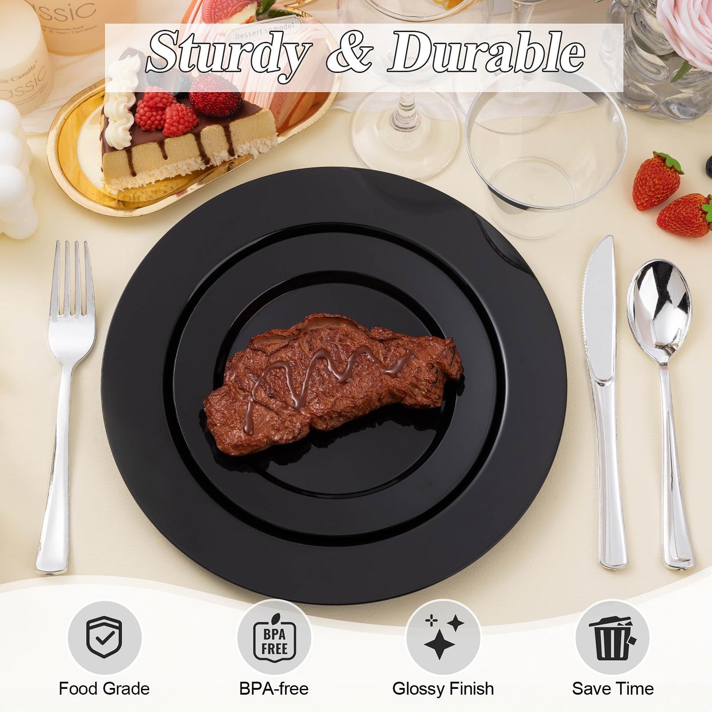 BESTSTAR 200PCS Black Plastic Plates Set, 100 10.25 inch Dinner Plates and 100 7.5 inch Dessert Plates, Premium Disposable Plates for Party, Graduation Party Supplies 2026