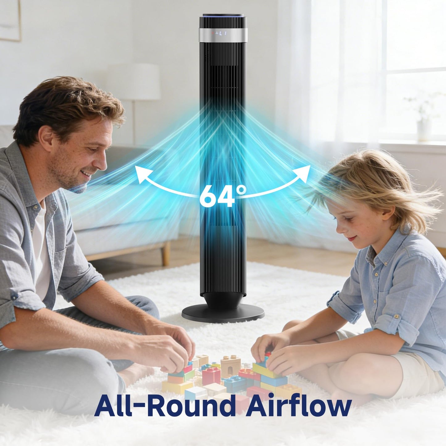 KMFurnila Tower Fan, Oscillating Standing Fans with Remote for Bedroom Home Office, 5 Speeds & 4 Modes, 12H Timer，LED Display, 22.3ft/s High Velocity, Modern Black