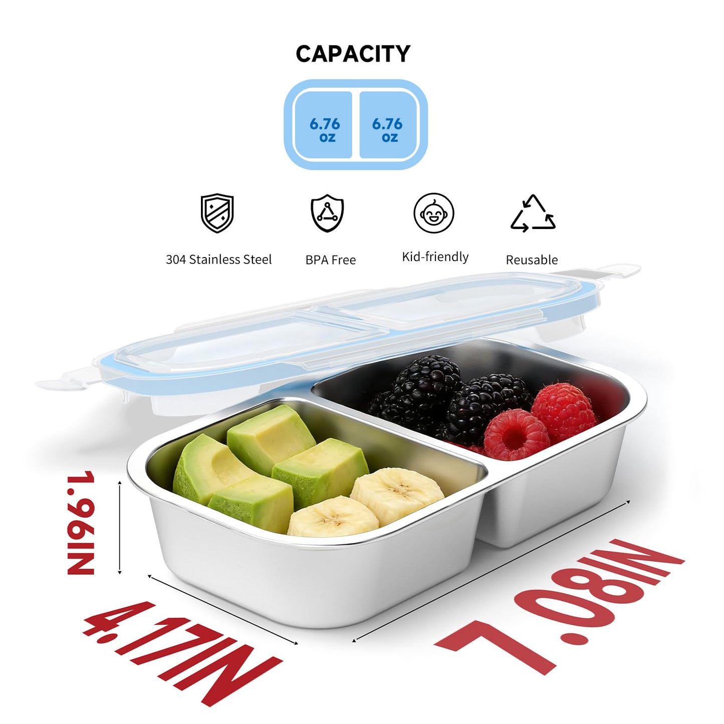 EC-Gaze 4 Pack Stainless Steel Snack Containers, 2 Compartment Reusable Metal Snack Boxes Containers with Leak-Proof Lids, Compact Lunch Box Food Storage Container