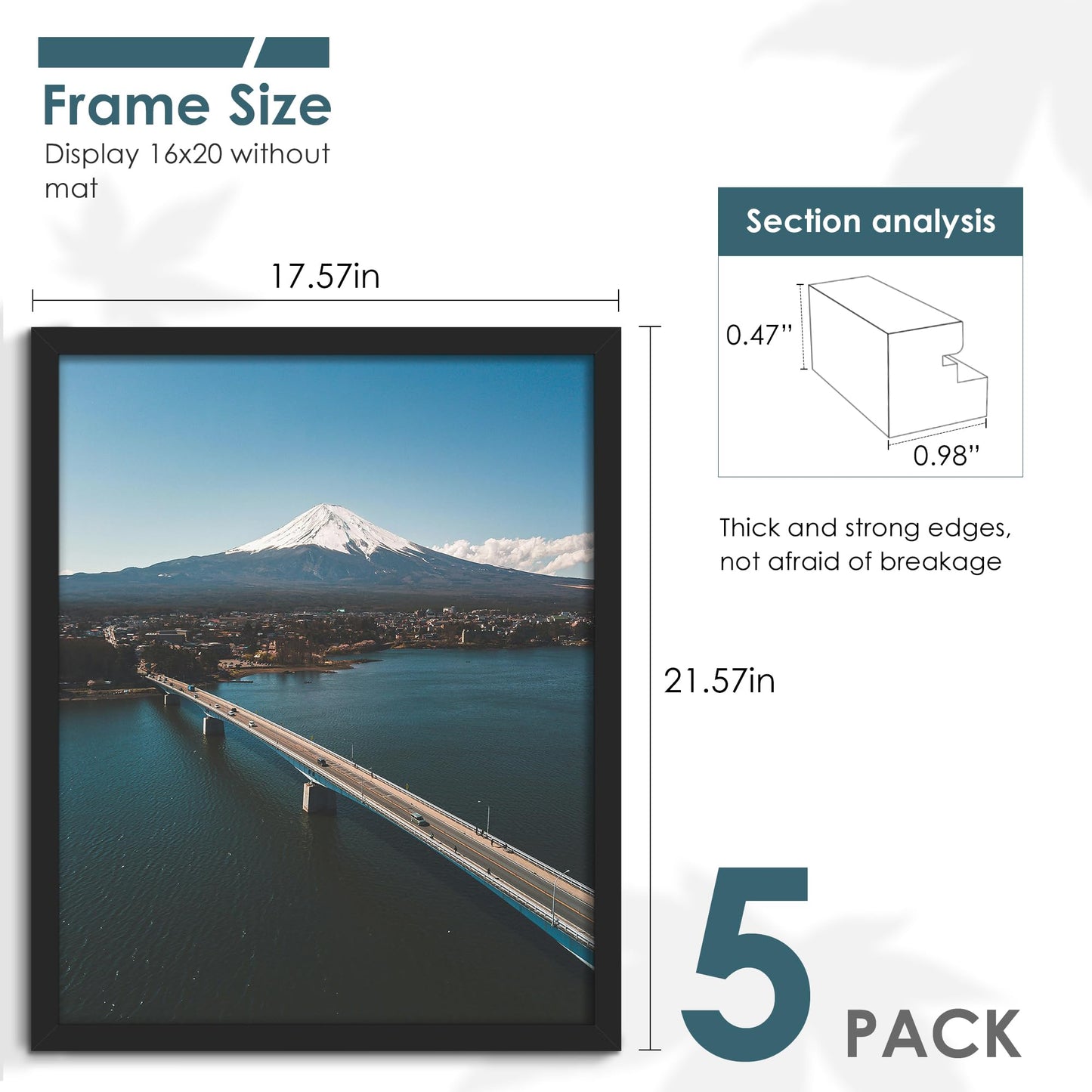 Fisnish 16x20 Picture Frames 5 Pack, Black Poster Frames for Horizontal or Vertical Wall Mounting