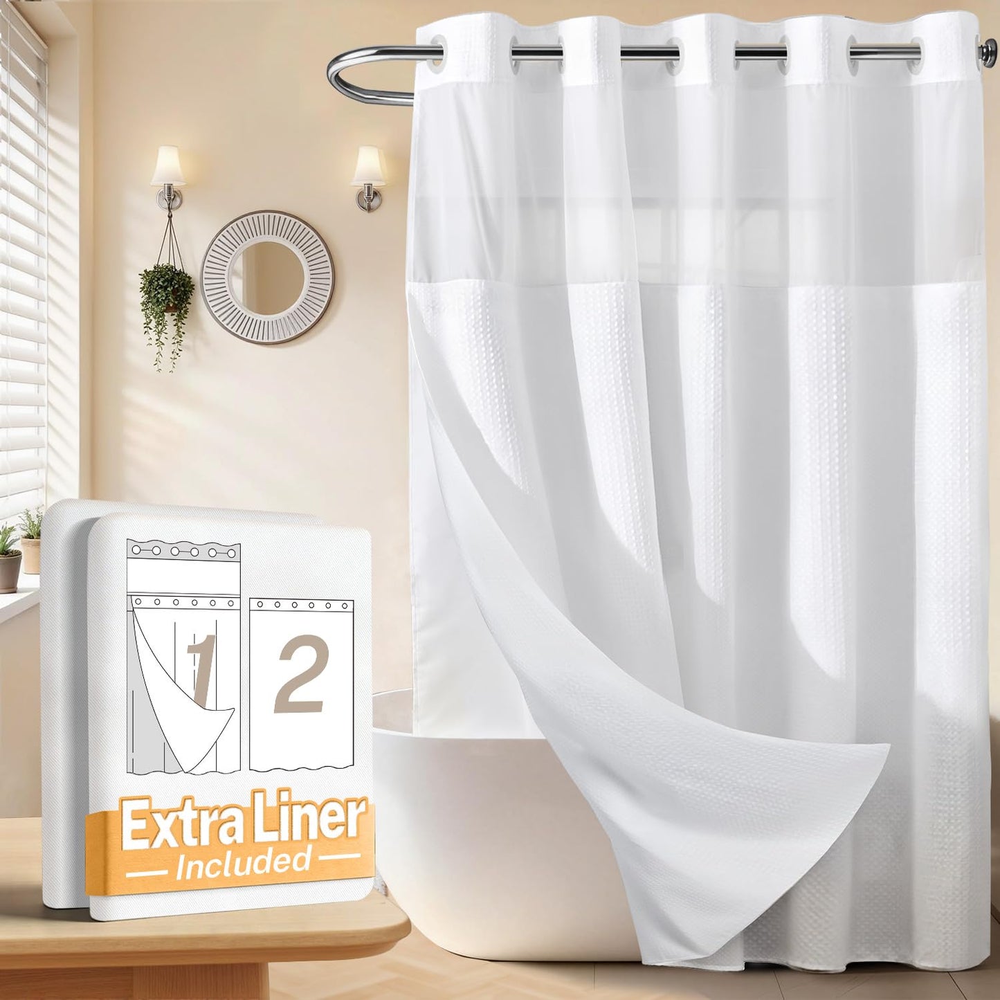 River Dream No Hooks Waffle Weave Shower Curtain with Snap in Liner + an Extra Replacement Liner，Bathroom Curtains Shower Set - 71W x 74H, Hotel Grade, Spa Like Bath Curtain, White