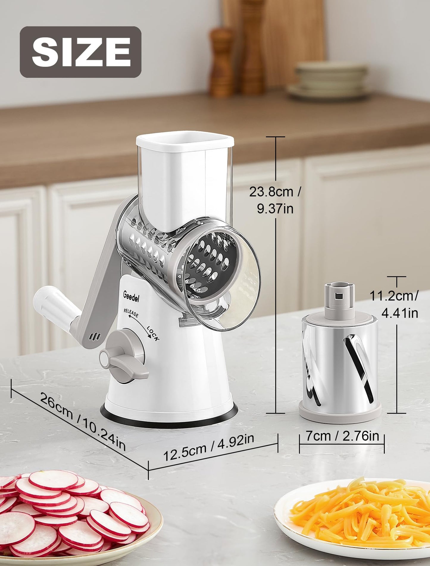 Geedel Rotary Cheese Grater Vegetable Shredder With 6 Interchangeable Blades No Slip Suction Base, Mandoline Slicer & Food Chopper for Cheese, Ice, Nuts, Vegetables, Veggie