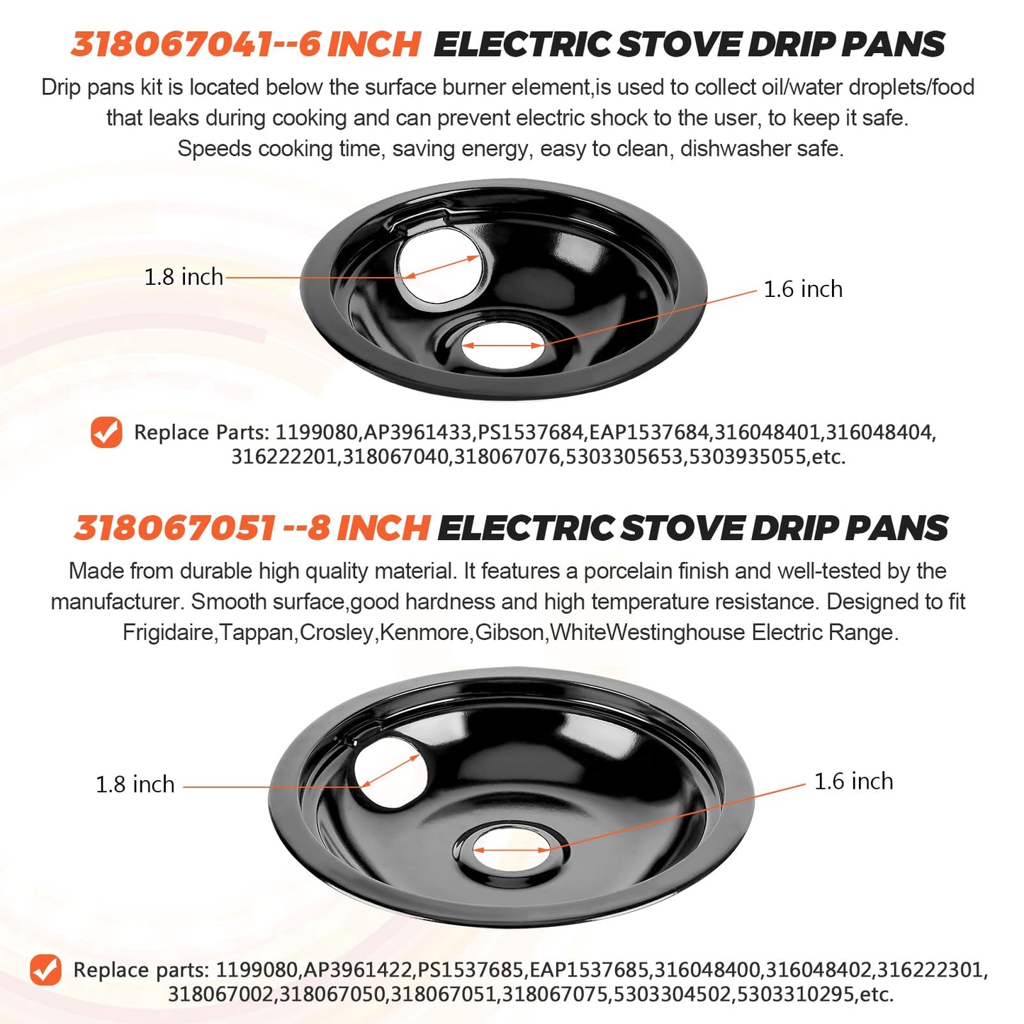 【UPGRADED】5304430149 5304430150 Porcelain Drip Pan Bowls & MP22YA Electric Range Burner Element Unit Set Fit for Frigidaire Kenmore Crosley Range Oven Stove Replace 318067041 318067051 by Beaquicy