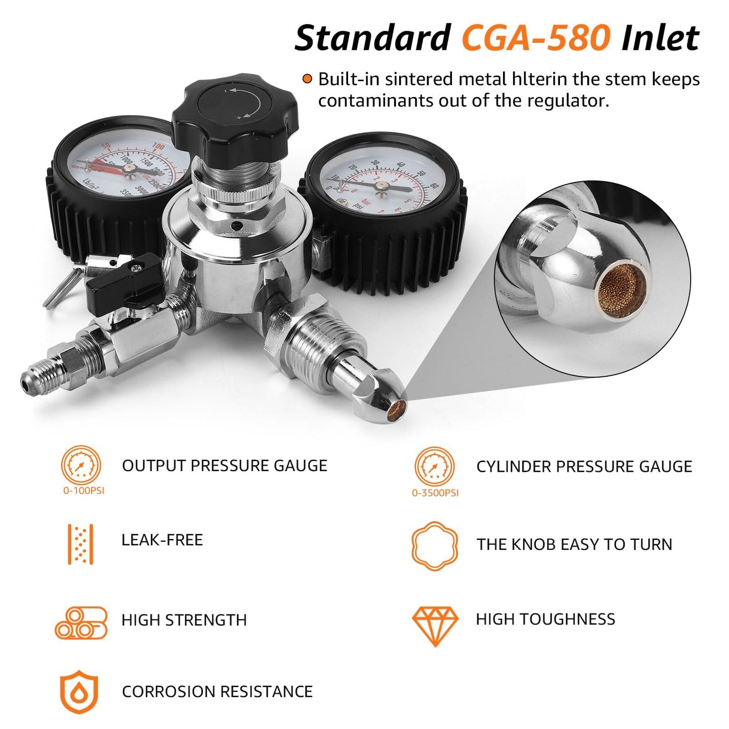 Hgkeke Nitrogen Regulator, Dual Gauge Nitrogen Keg Regulator CGA-580 Nitrogen Draft Beer Regulator with 1/4& 5/16 Outlet Barbs Pressure Release Valve, Nitrogen Cylinder Regulator Coffee Equipment