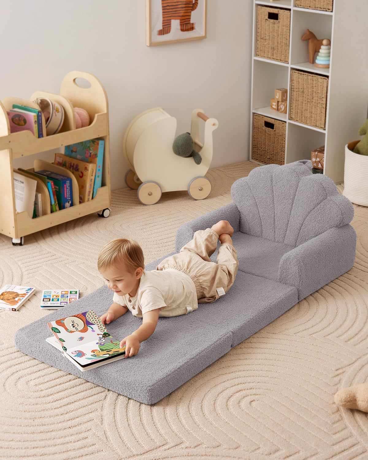 Blissful Diary Foldable Toddler Couch, 2-in-1 Comfy Toddler Chair & Lounger for Reading, Nap, Playroom, Kids Couch Sofa for 1 2 3+ Year Old Girls Boys Baby Birthday Gift, Gray Shell