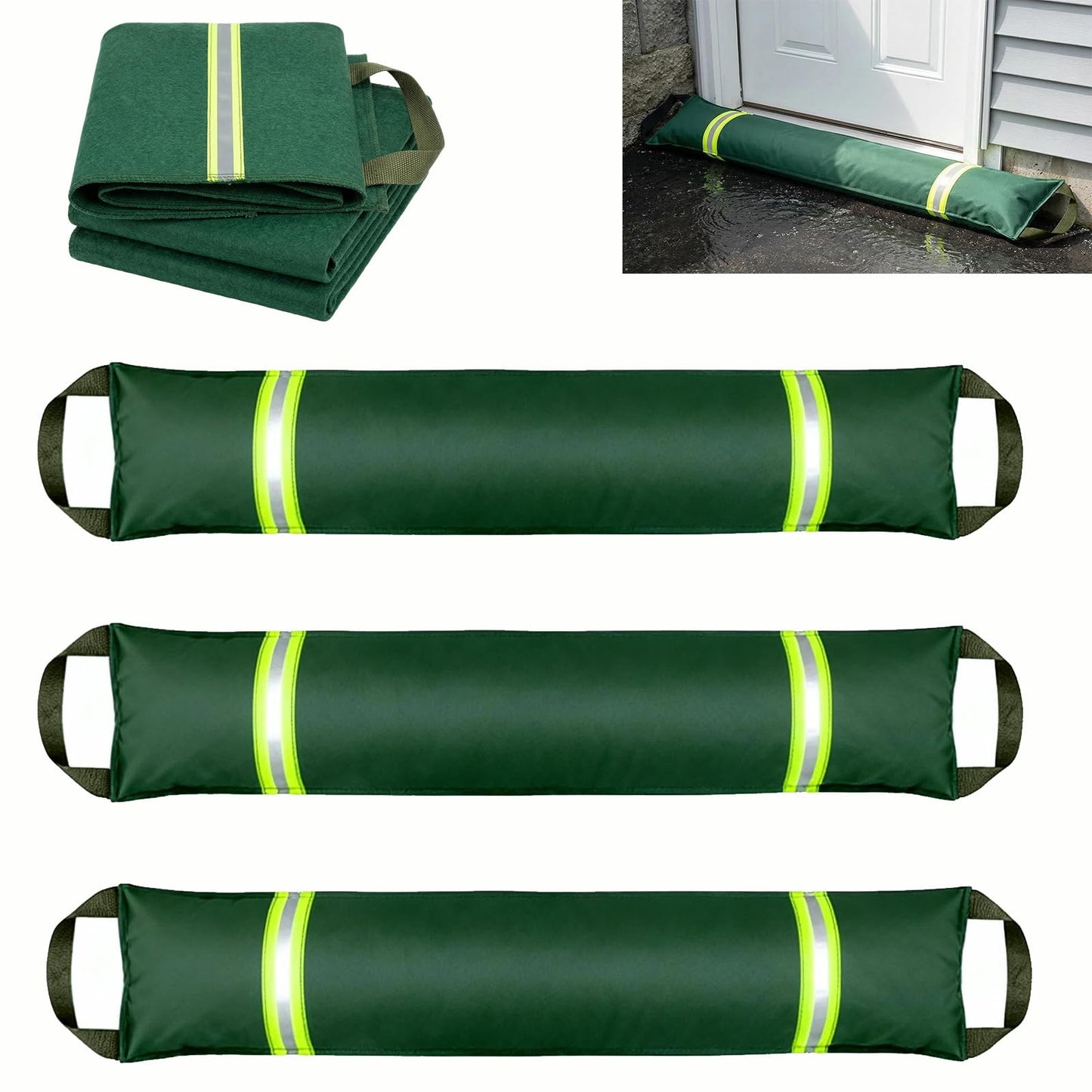 5FT Water Barriers for Flooding 3-Pack, Flood Barrier for Home Reusable Sandless SandBags for Flooding with Handles and Reflective Strips, Water Dam for Door, Garage, Basement, Outside and Other