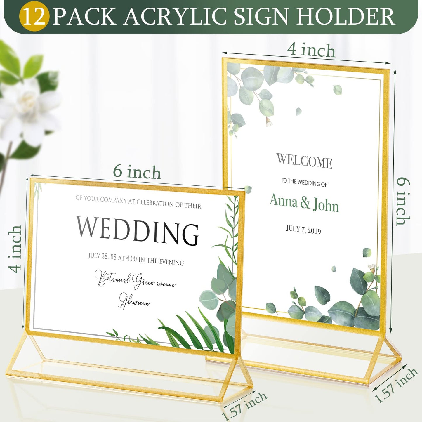 Hoteam 12 Pieces Gold Frames Clear Acrylic Sign Holder Double Sided Menu Display Stand with Gold Borders 2mm Table Number Holder for Wedding Recipe Cards Photo Display(Horizontal Vertical,4 x 6 Inch)