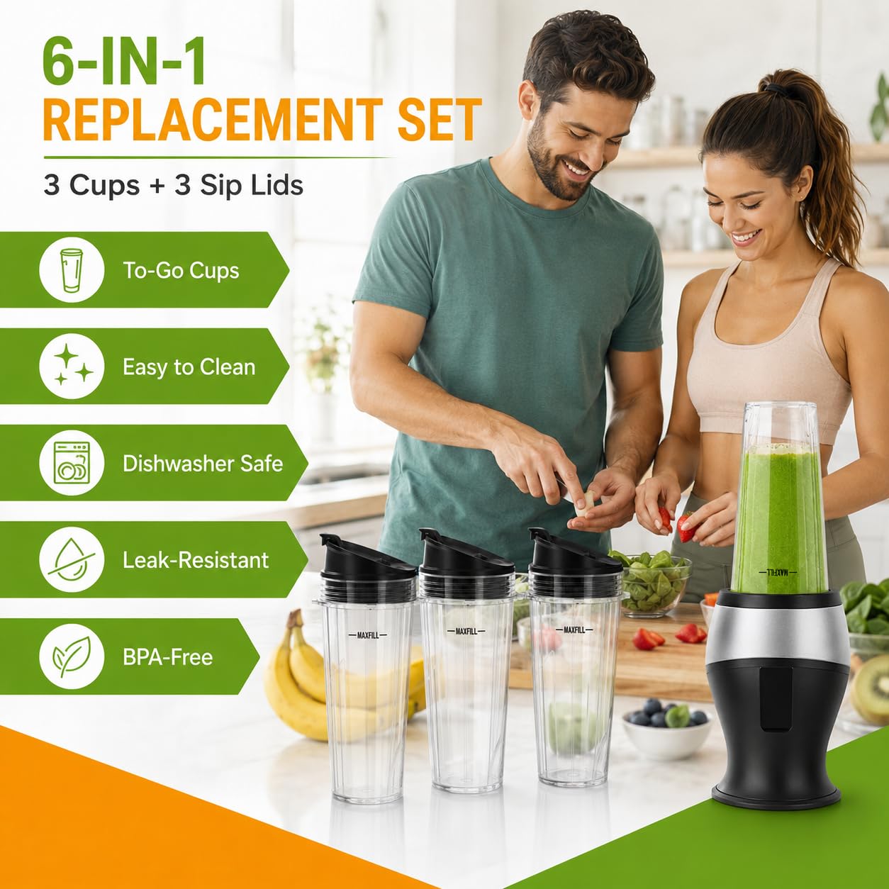 Blender 16oz Cups Replacement for Ninja - 3 Pack Ninja Blender Cups with Lids, Compatible with Ninja QB3001SS, BL770, BL780, BL660, BL740, BL810, Nutri Ninja Series Blenders