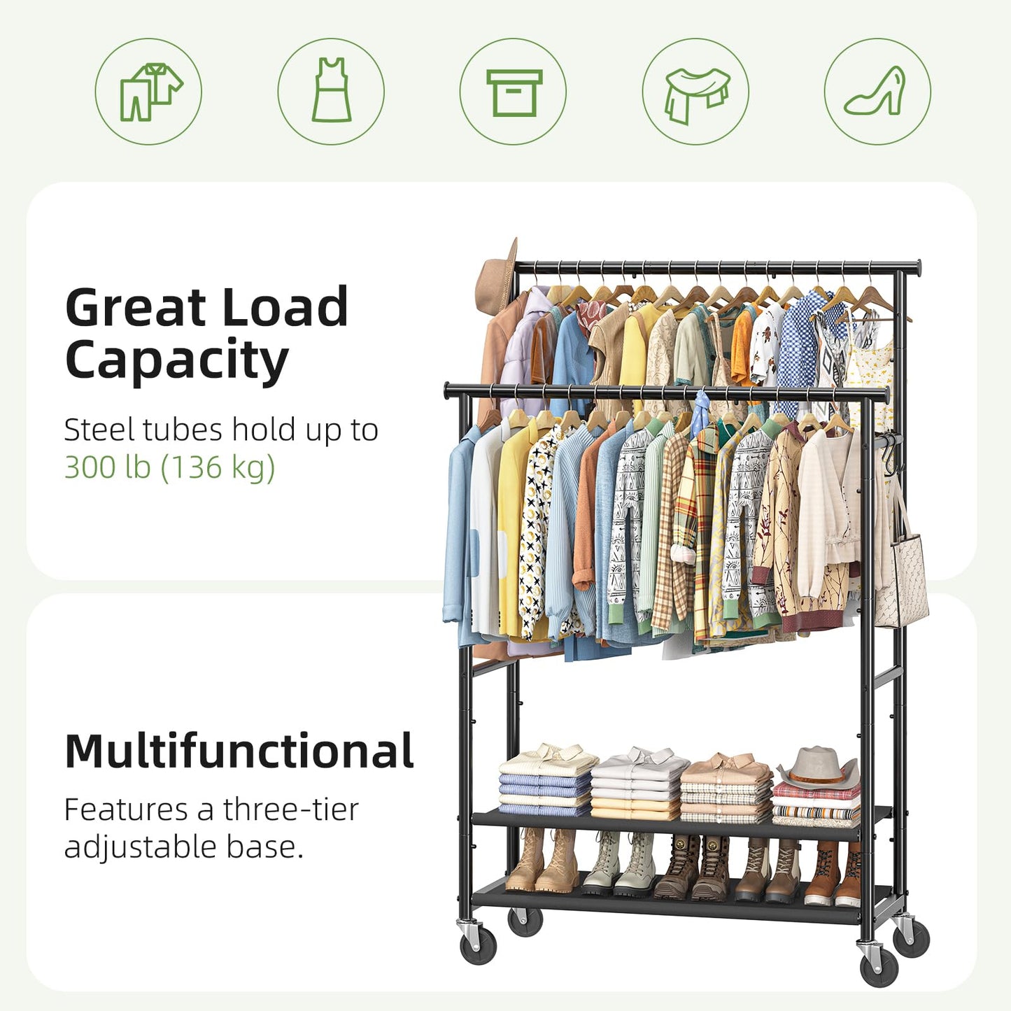 Ekisemio Double Rods Clothes Rack for Hanging Clothes, Rolling Clothing Rack with Wheels, 2-Tier Hanging Rack with Mesh Shelves, Holds 300 LBS for Bedroom, Laundry, Living Room, Black