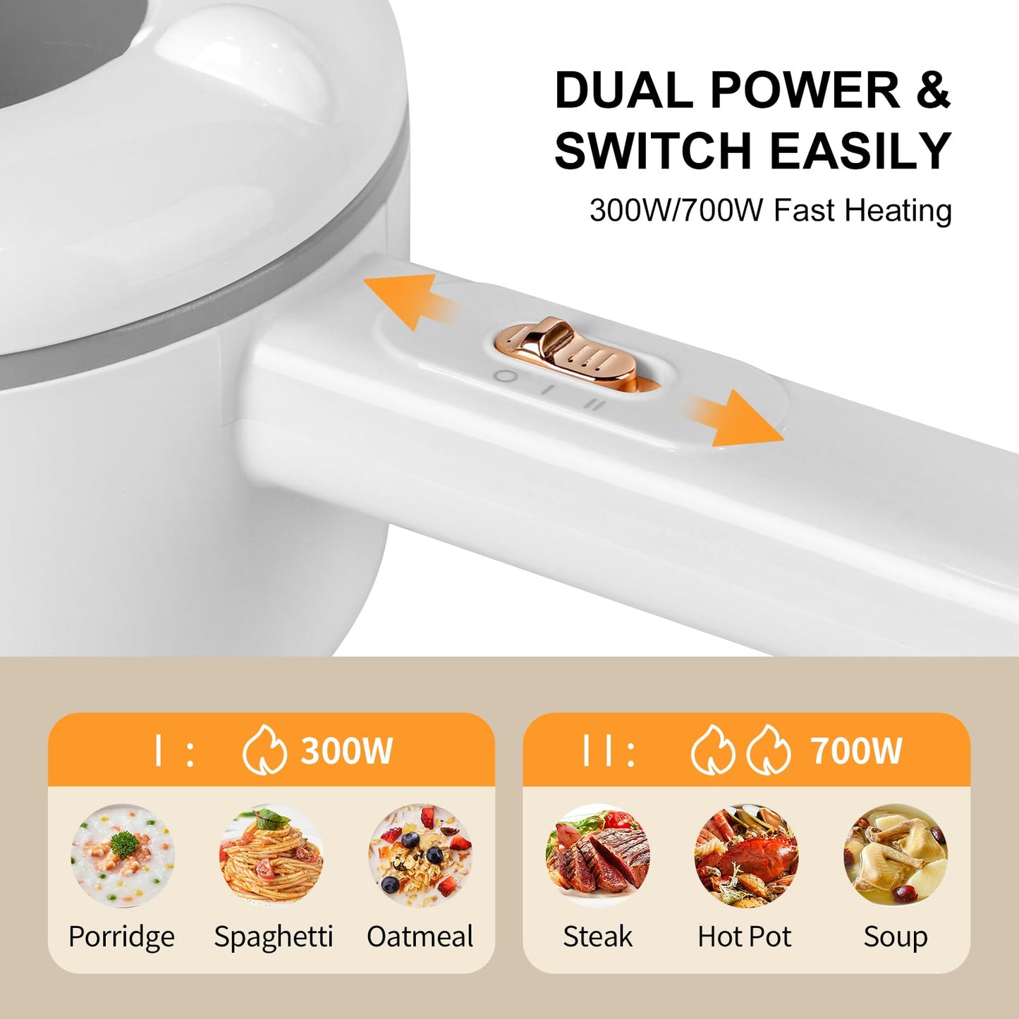 Vroyuir Electric Hot Pot 2L, 700W Portable Multi-Purpose Cooker with Dual Power Control, Non-Stick Pot for Noodles, Steak, Eggs, Ramen, Oatmeal, and More