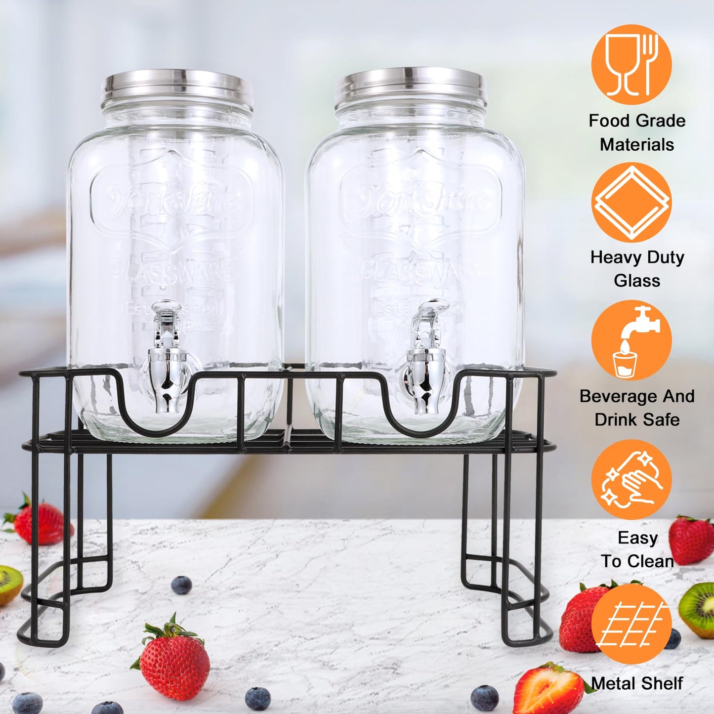 1 Gallon Glass Drink Dispensers For Parties-Set of 2,Drink Dispenser with Fruit Infuser & Stand,Juice or Beverage Dispenser for BBQ, Picnic, Party,Laundry Detergent Dispenser