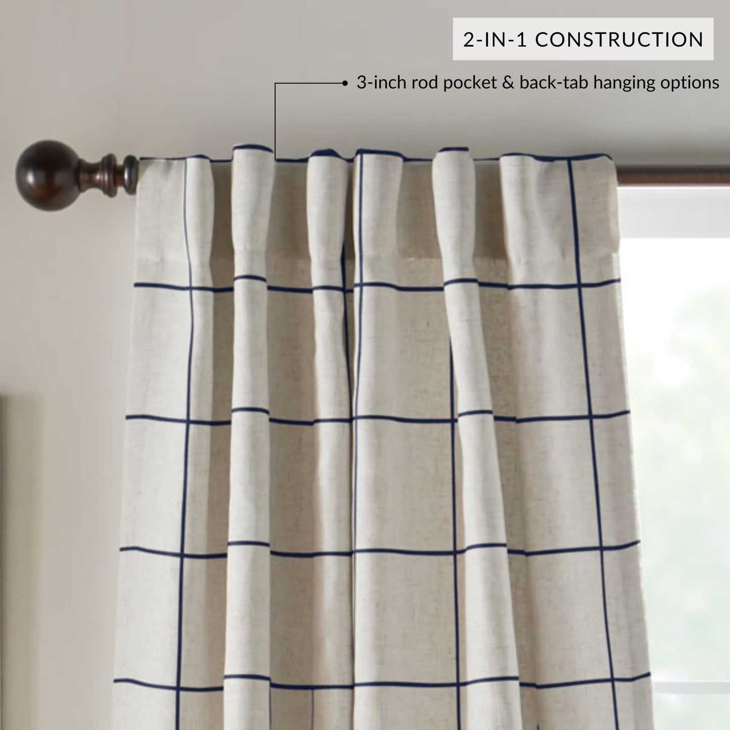 Elrene Home Fashions Brighton Windowpane Plaid Blackout Window Curtain, Living Room and Bedroom Drape with Rod Pocket Tabs, 52" x 95", Indigo, 1 Panel