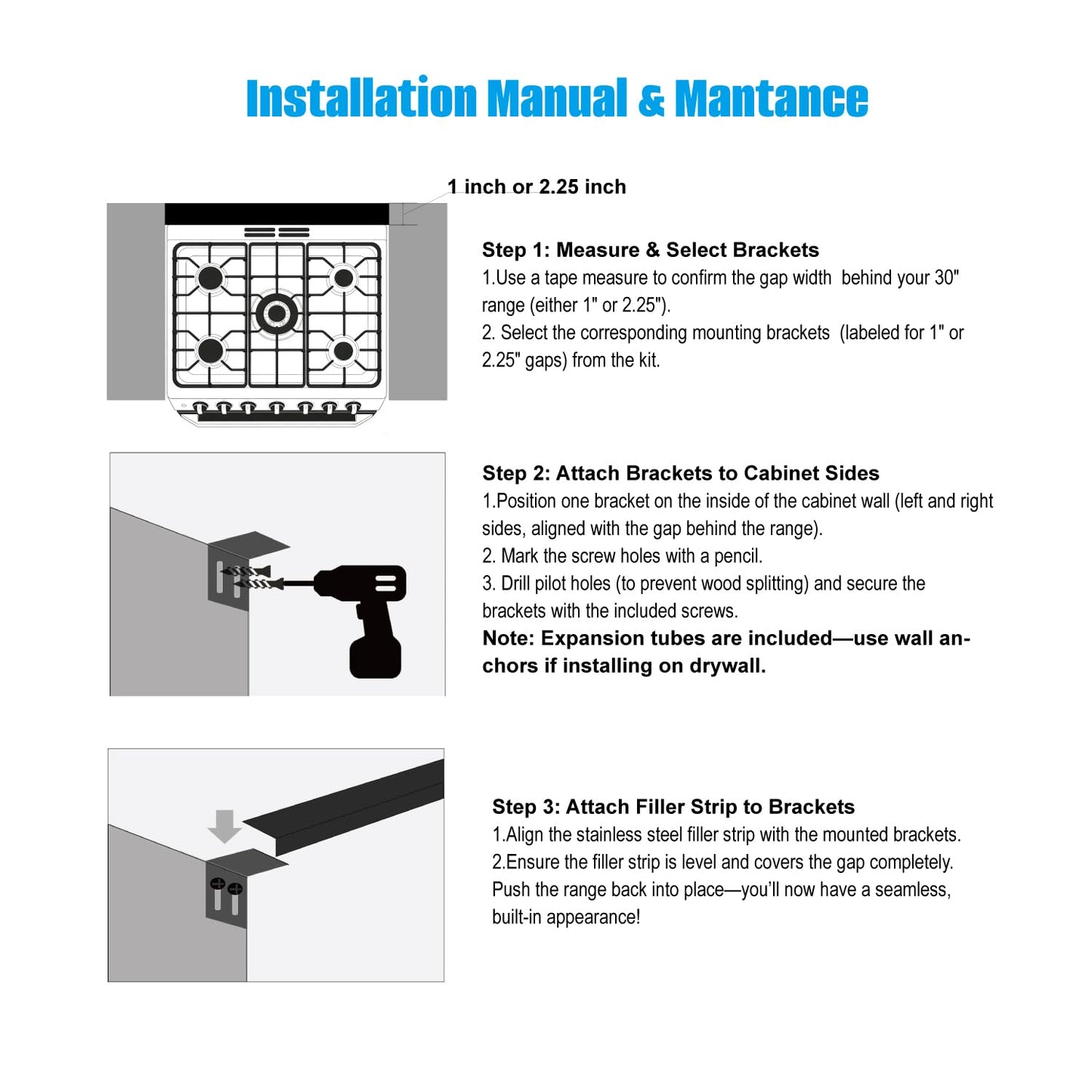 30" Slide-In Range Rear Filler Kit, Stainless Steel Stove Gap Filler Behind Range, Adjustable 1" or 2.25" Backguard Trim Kit, Easy Install Backsplash Gap Cover Compatible with 30" Ranges,Silver