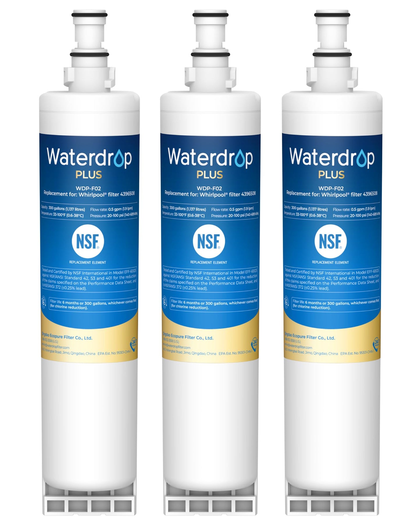Waterdrop Plus 4396508 Refrigerator Water Filter, Replacement for Whirlpool® 4396510, EveryDrop® Filter 5, NSF/ANSI 401&53&42 Certified, Reduce RFAS, 3 Filters