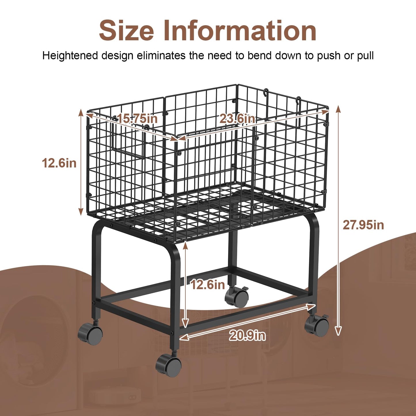 Wire Laundry Hamper Cart,Rolling Laundry Carts with Pull Handle,Black Tall Laundry Basket,Commercial Wire Laundry Hamper Cart-23.6 * 15.75 * 28 inches
