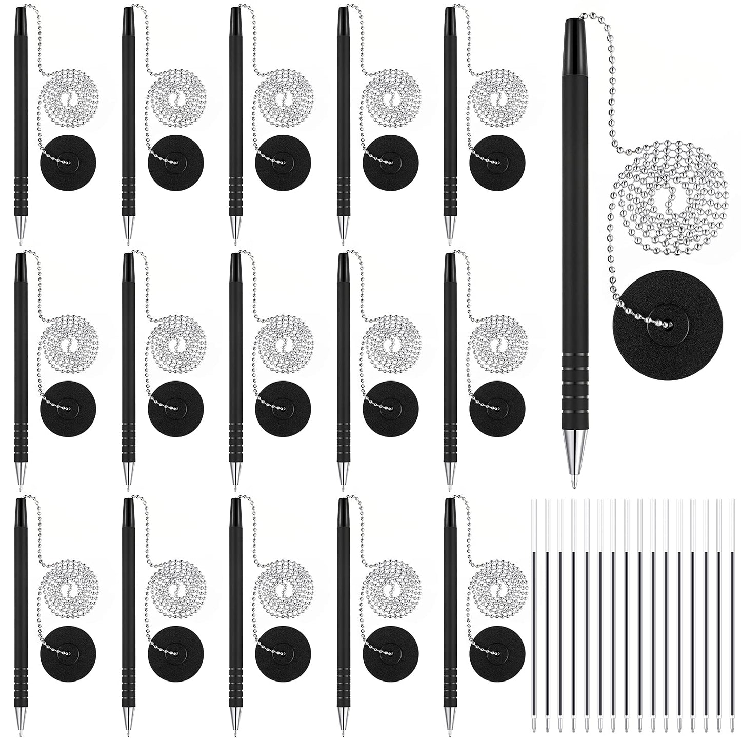 Security Pen Set with Bead Chain and Pen Holder, Desktop Pens with Chains, Blank Ink Refills for Office Bank Supplies, Black (64 Pieces)
