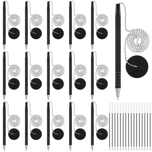 Security Pen Set with Bead Chain and Pen Holder, Desktop Pens with Chains, Blank Ink Refills for Office Bank Supplies, Black (64 Pieces)