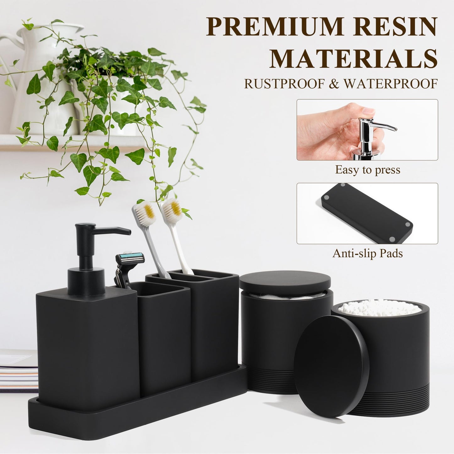 YMXYJM Bathroom Accessories Set, 6 Piece Bathroom Set with Toothbrush Holders, Soap Dispenser, Vanity Tray, Tumbler, Cotton Swab Jars, Bathroom Organizer，Bathroom Sink Sets, Matte Black