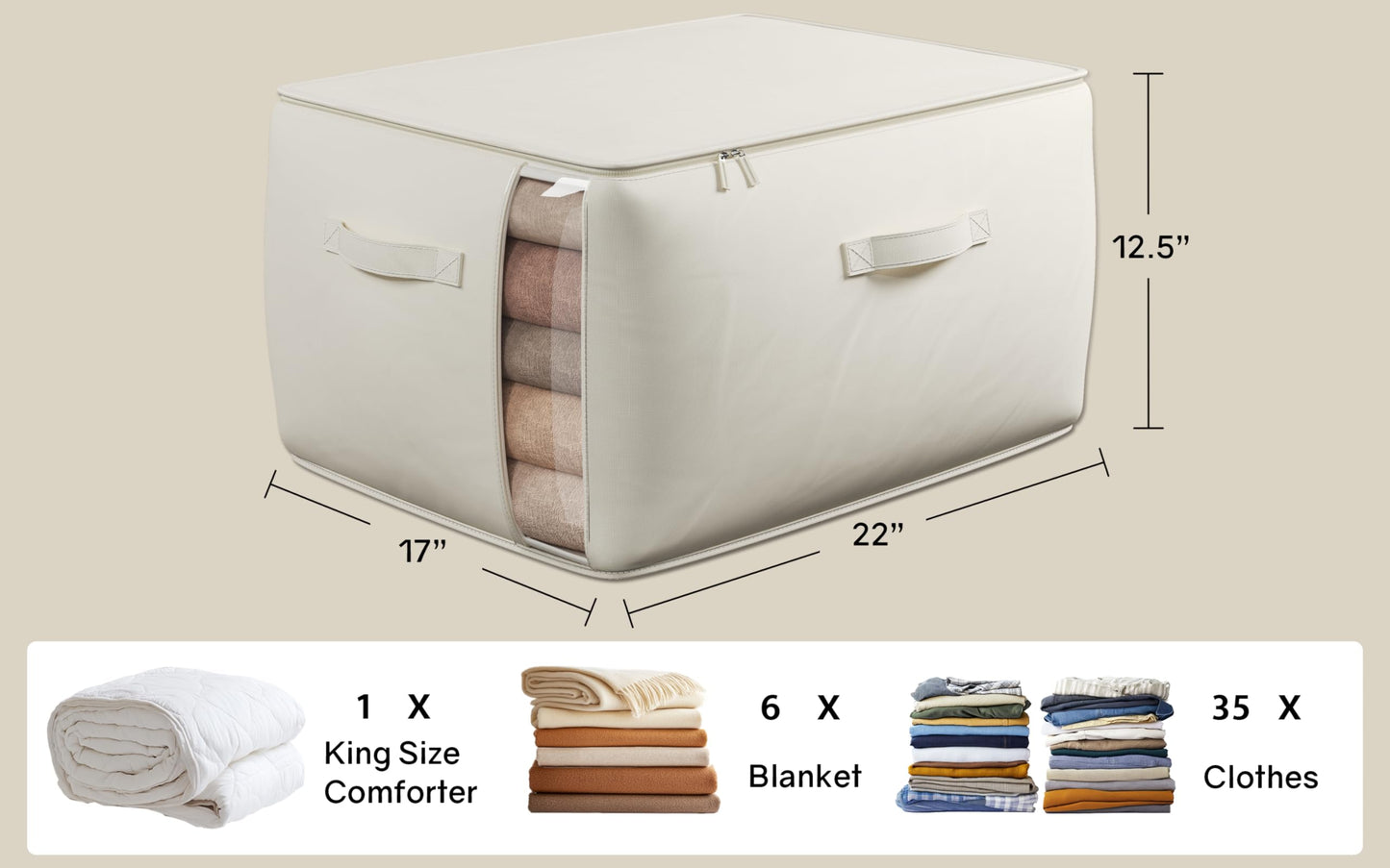 TomVista Large Canvas Clothes Storage Bags with Thick Handles and Clear Window, Foldable Cotton Linen Closet Organizer for Clothing, Blankets and Bedding, 70L, 6 Pack, Beige