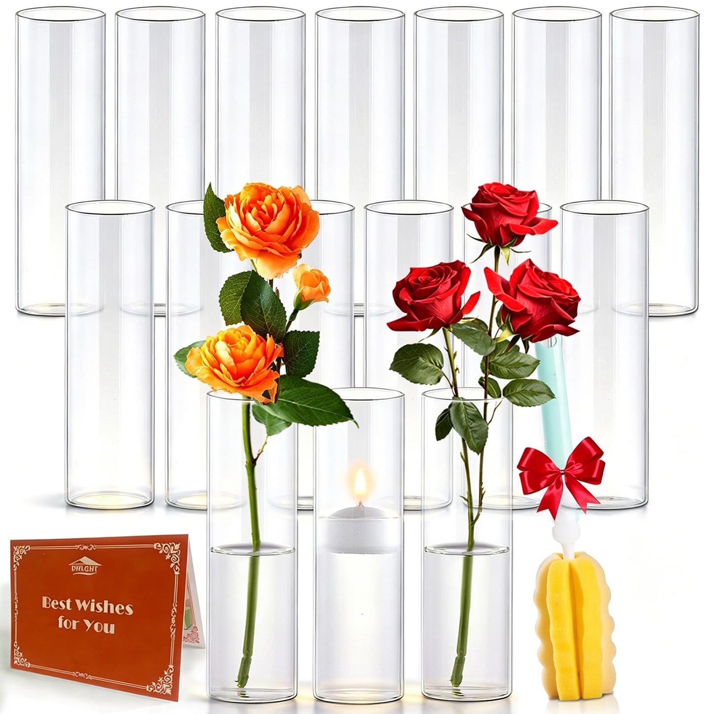 16Pcs Glass Cylinder Bud Vases for Centerpieces,7.7 In Tall Clear Flower Vases in Bulk,Glass Small Vases Floating Candle Holder for Party,Home Decor,Wedding Decoration,Birthday,Anniversary,Baby Shower